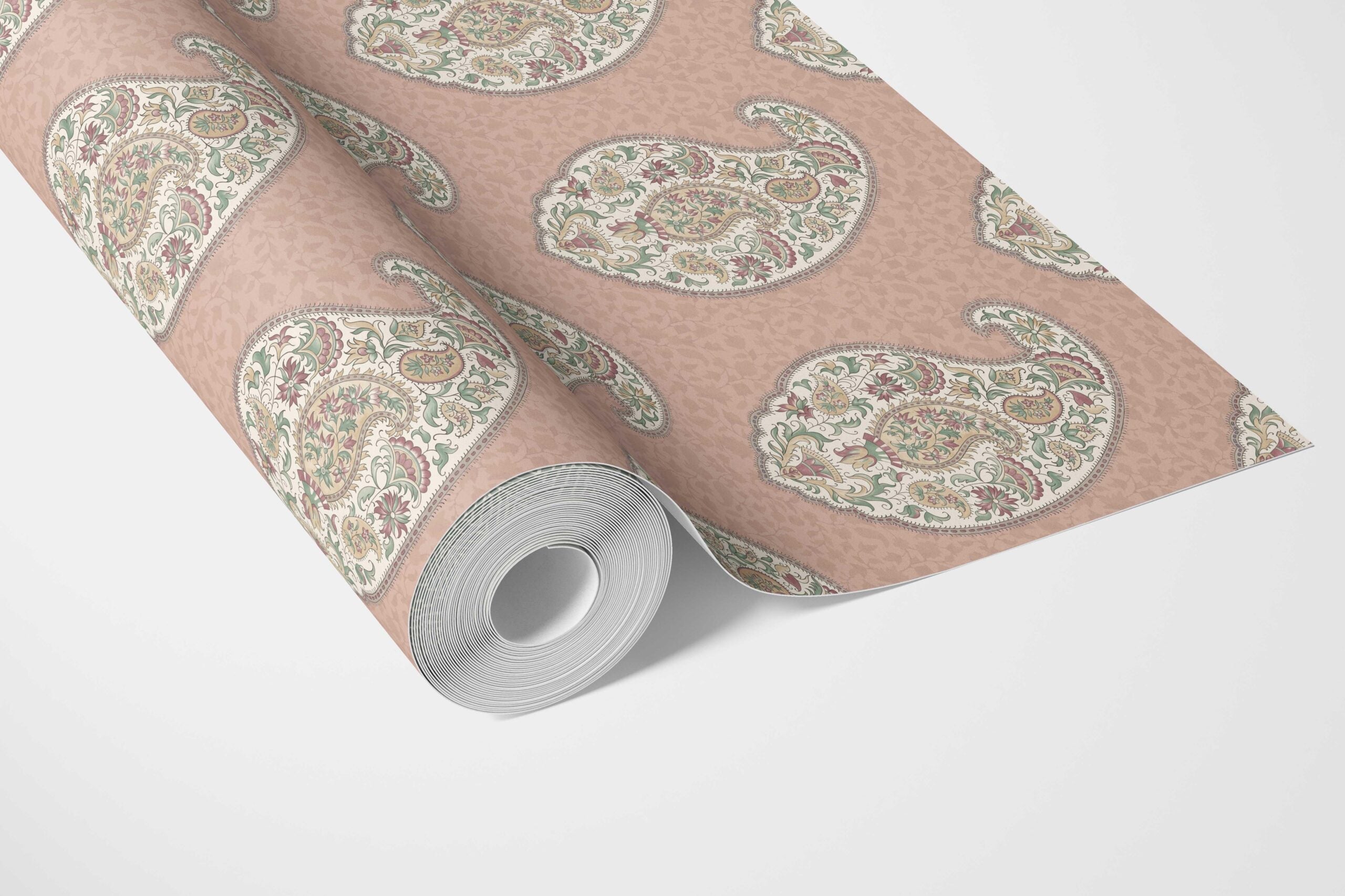 Paisley Floral Print Bathroom Wallpaper Sample (Peach/ Pink/ Green)