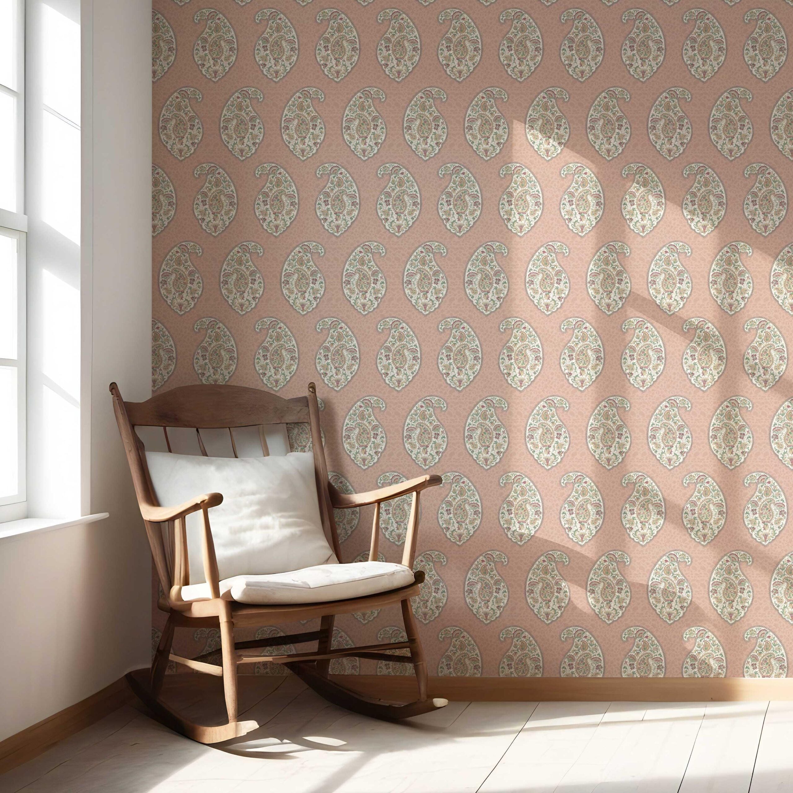Paisley Floral Print Nursery Wallpaper Sample (Peach/ Pink/ Green)