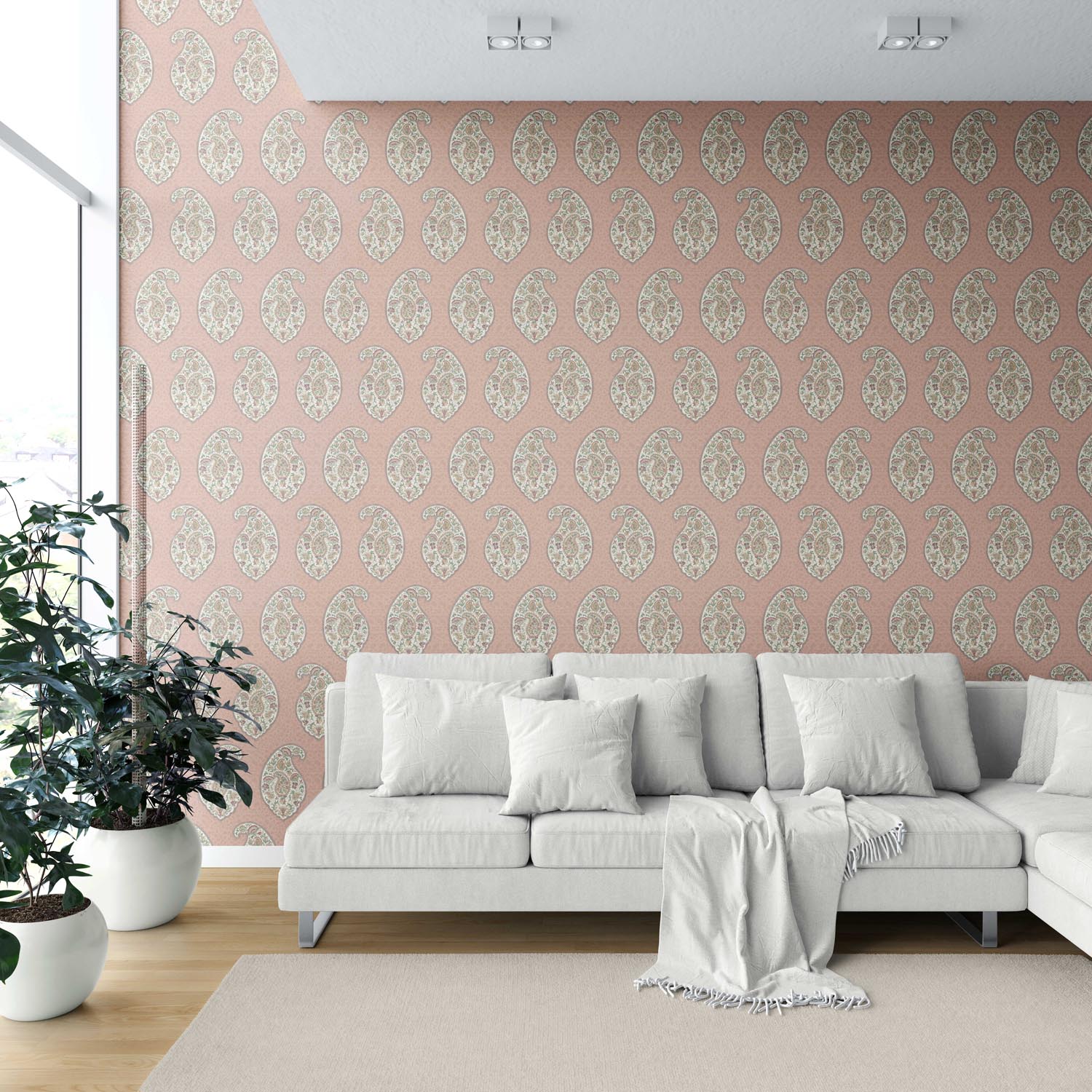 Paisley Floral Print Shower Toilet Wallpaper Sample (Peach/ Pink/ Green)