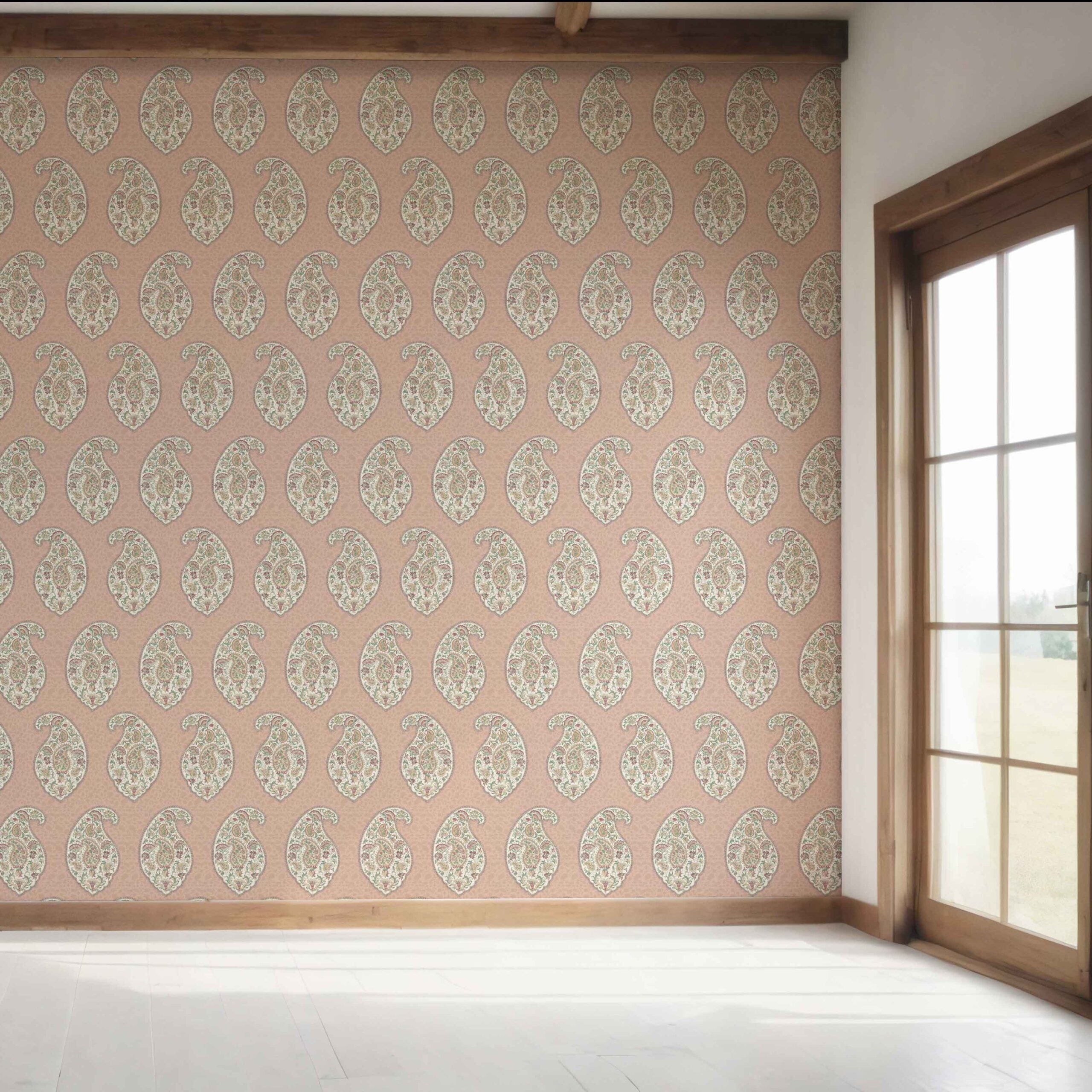 Paisley Floral Print Bedroom Wallpaper Sample (Peach/ Pink/ Green)