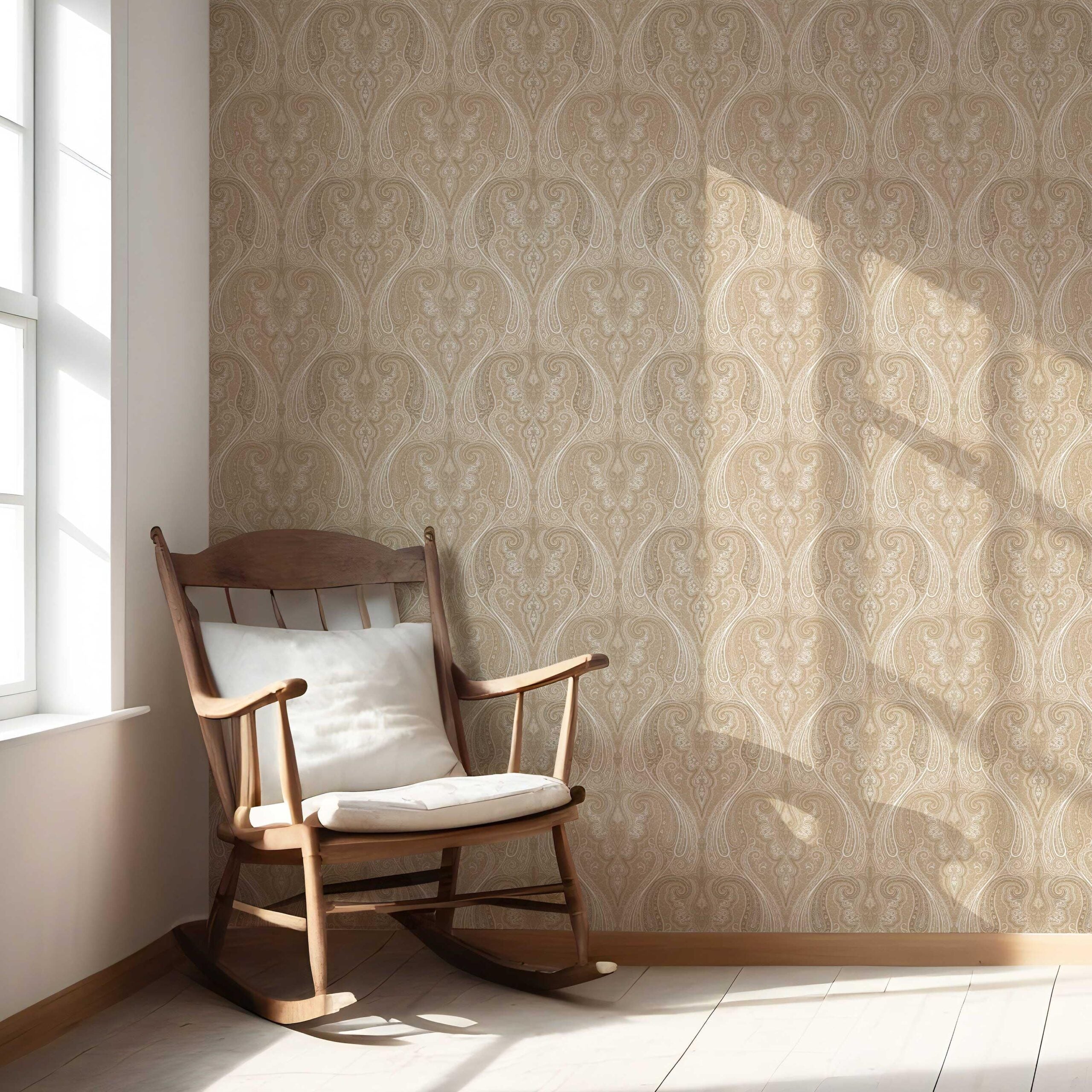 Neutral Paisley Floral/ Damask Patterned Nursery Wallpaper Sample (Brown/ Beige/ Taupe)