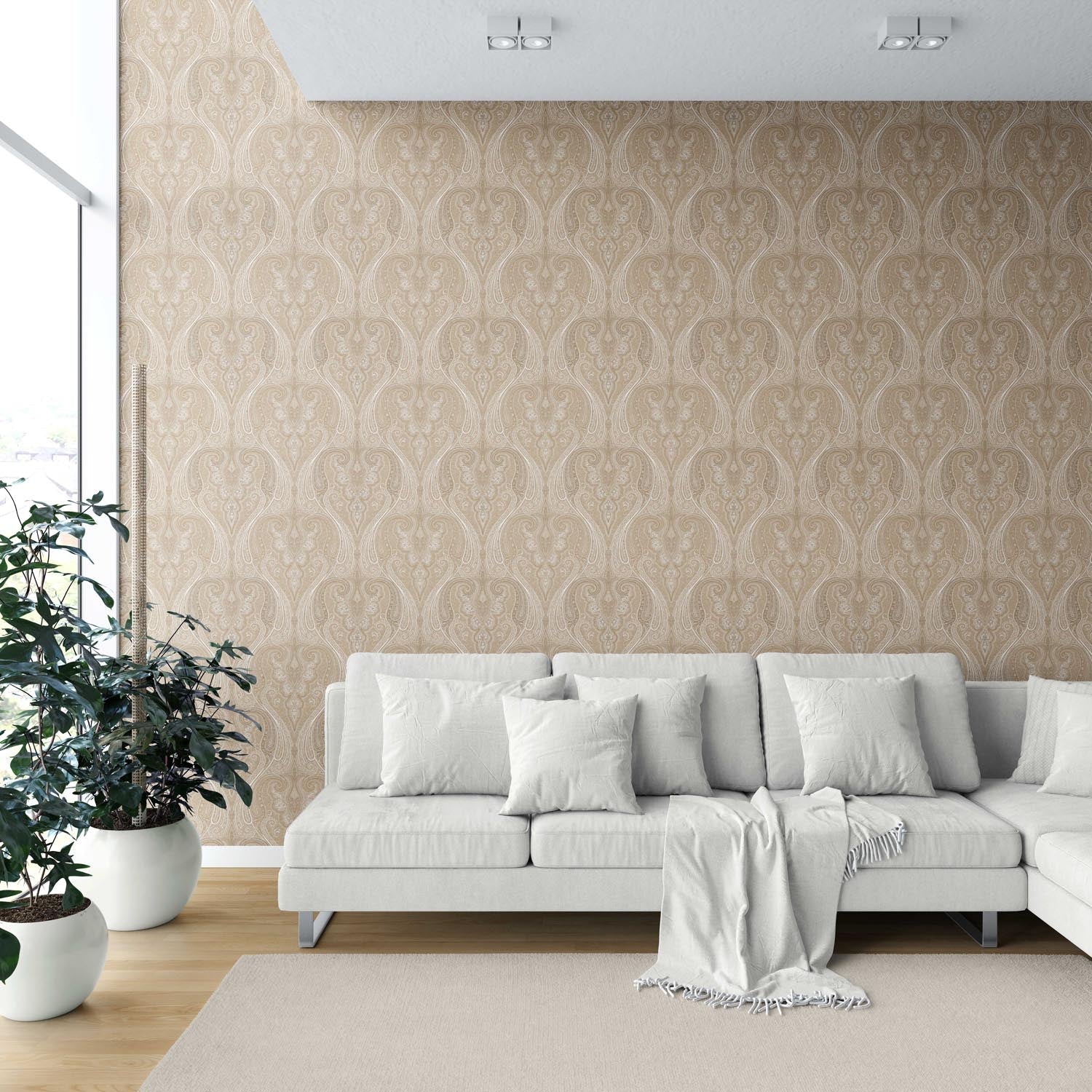 Neutral Paisley Floral/ Damask Patterned Shower Toilet Wallpaper (Brown/ Beige/ Taupe)