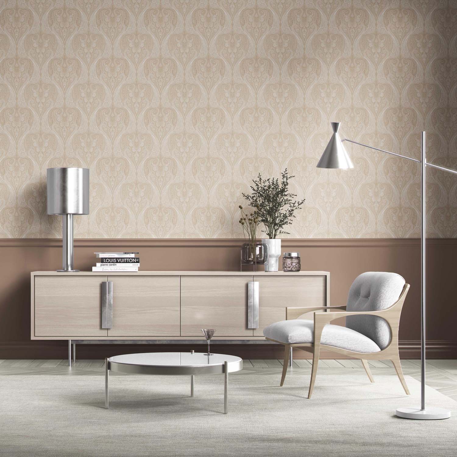 Neutral Paisley Floral/ Damask Patterned Kitchen Wallpaper Sample (Beige/ Soft Taupe)