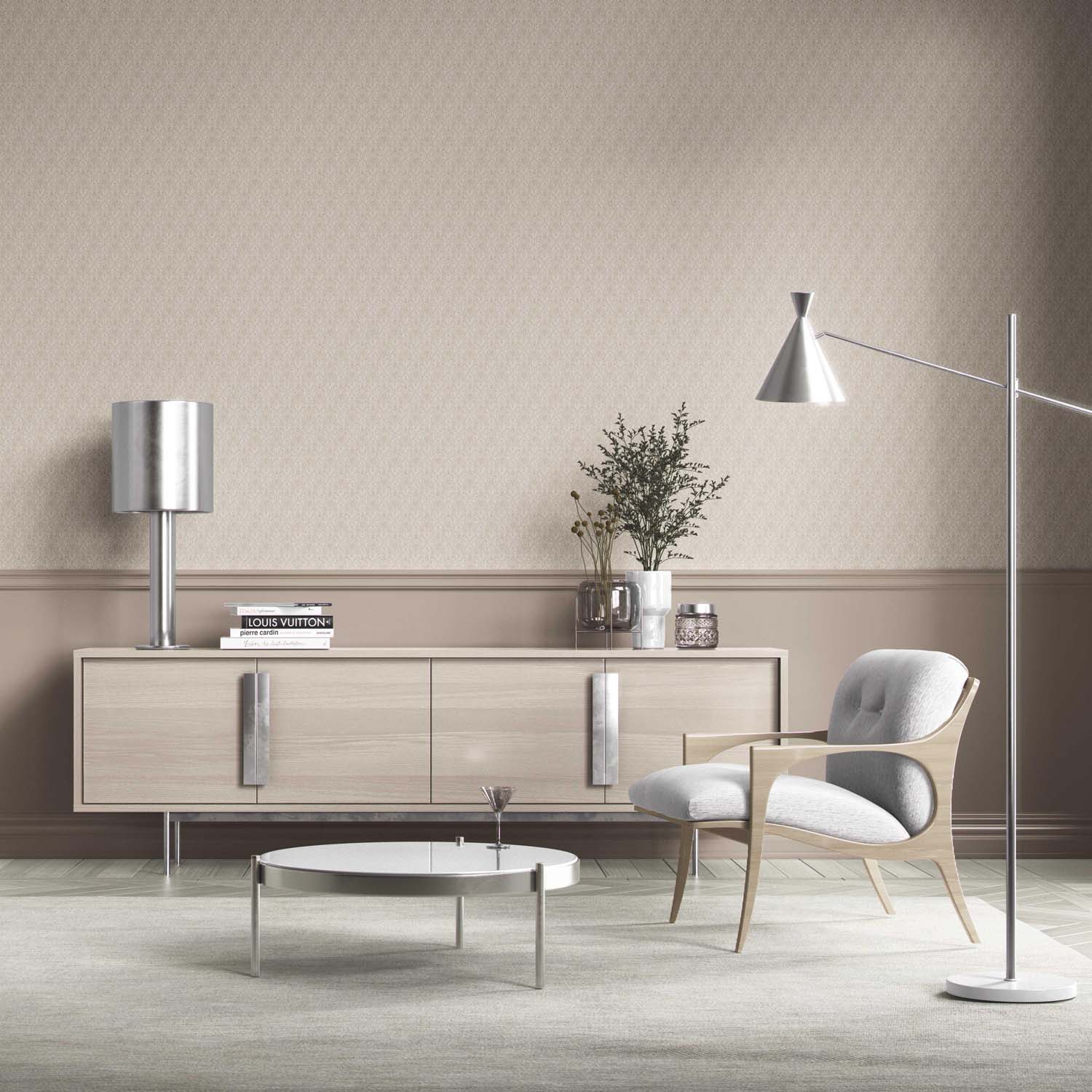 Neutral Self-Patterned Damask Floral Kitchen Wallpaper (Greige/ Oatmeal Beige/ Light Taupe)