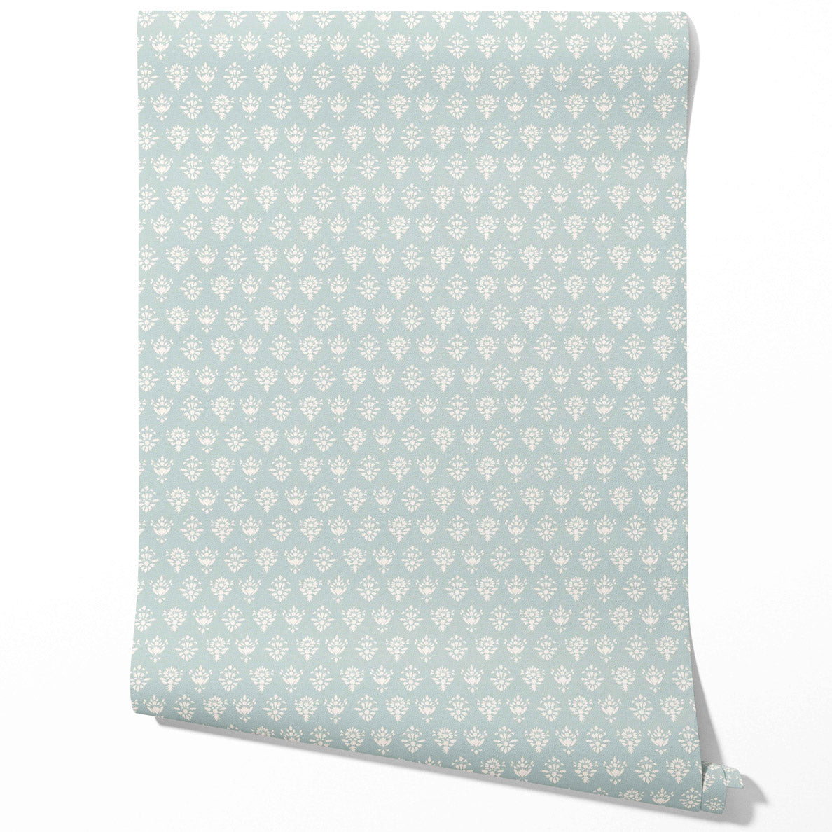 Floral Block Print Traditional Wallpaper (Duck Egg Blue/ Off-White)