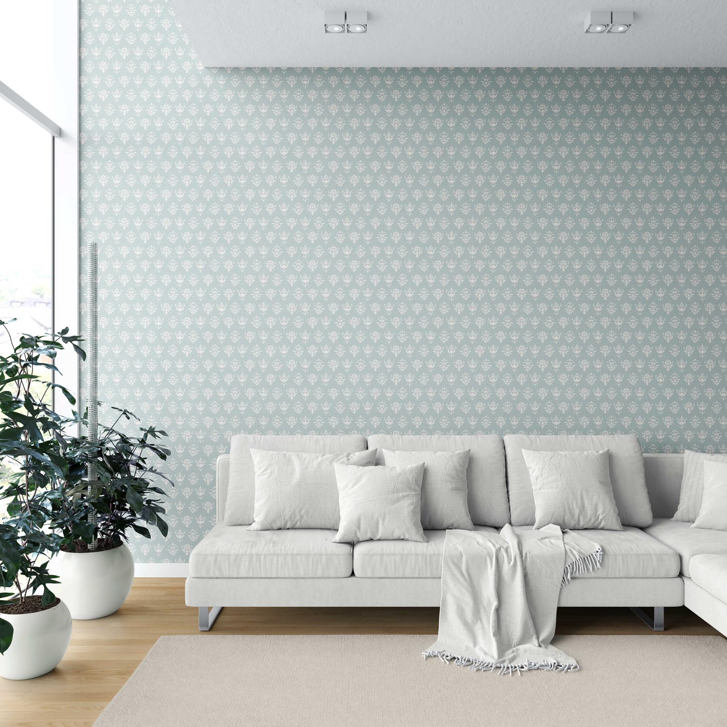 Floral Block Print Shower Toilet Wallpaper (Duck Egg Blue/ Off-White)