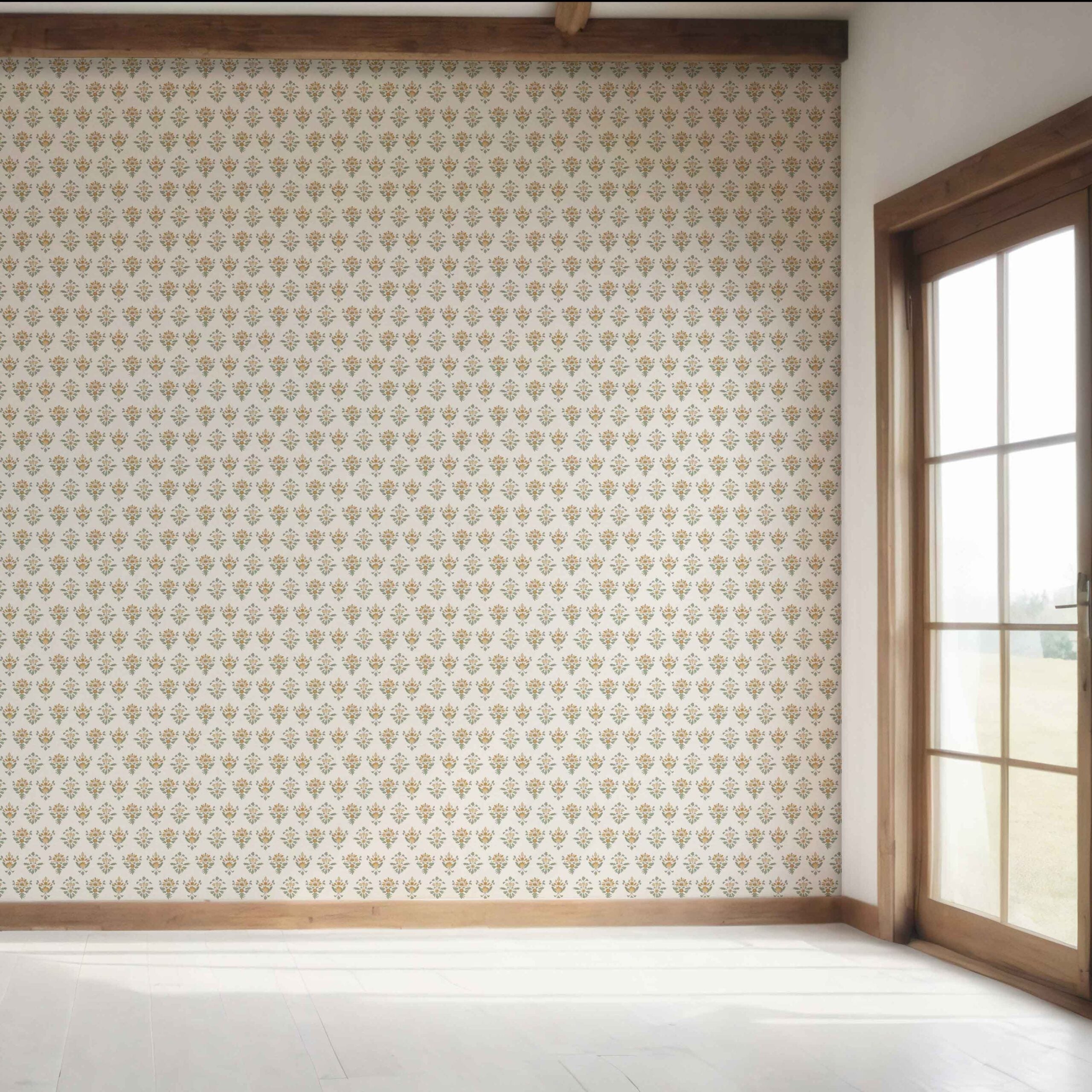 Floral Block Print Bedroom Wallpaper Sample (Yellow/ Green)