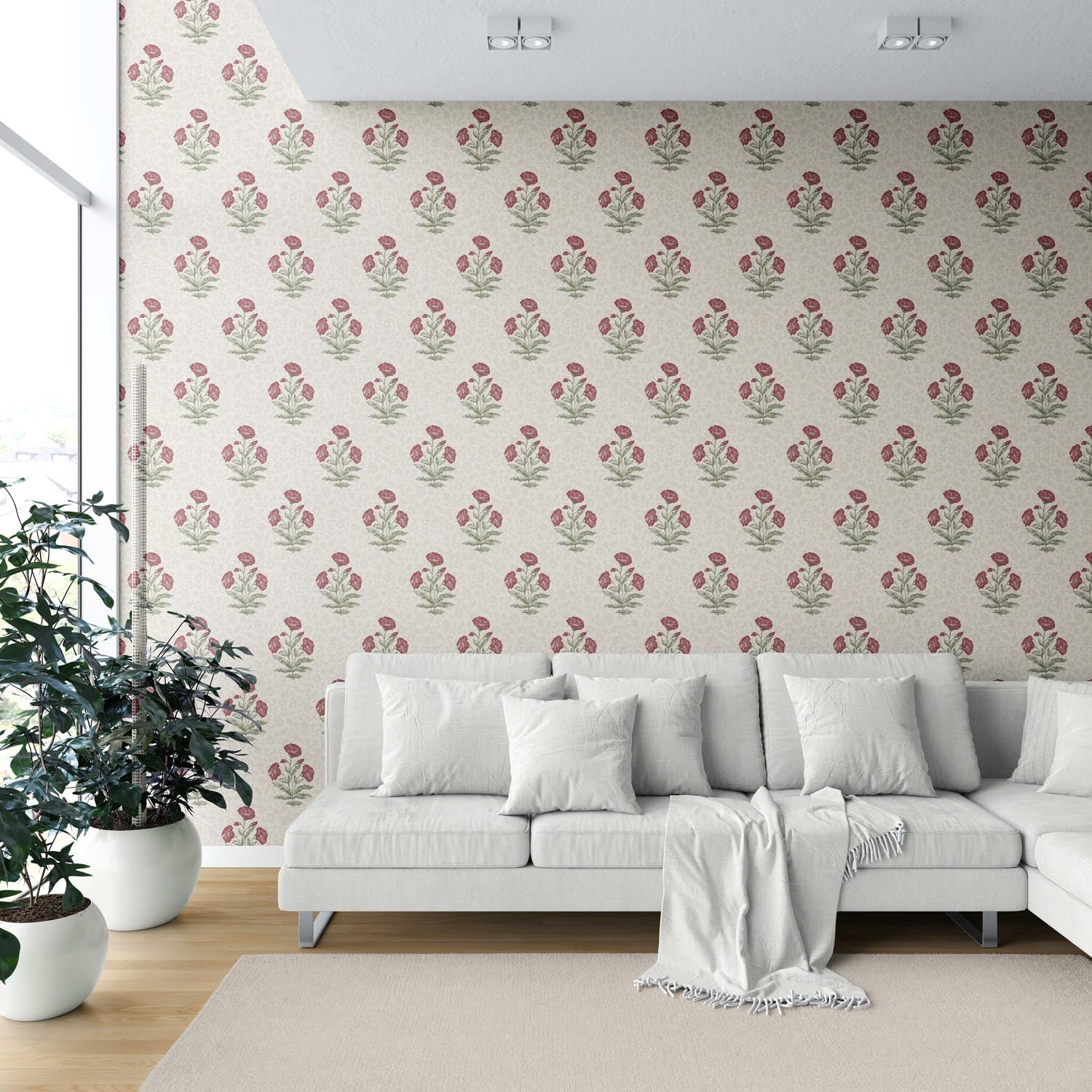Floral Block Print Shower Toilet Wallpaper (Berry Red/ Maroon/ Green)