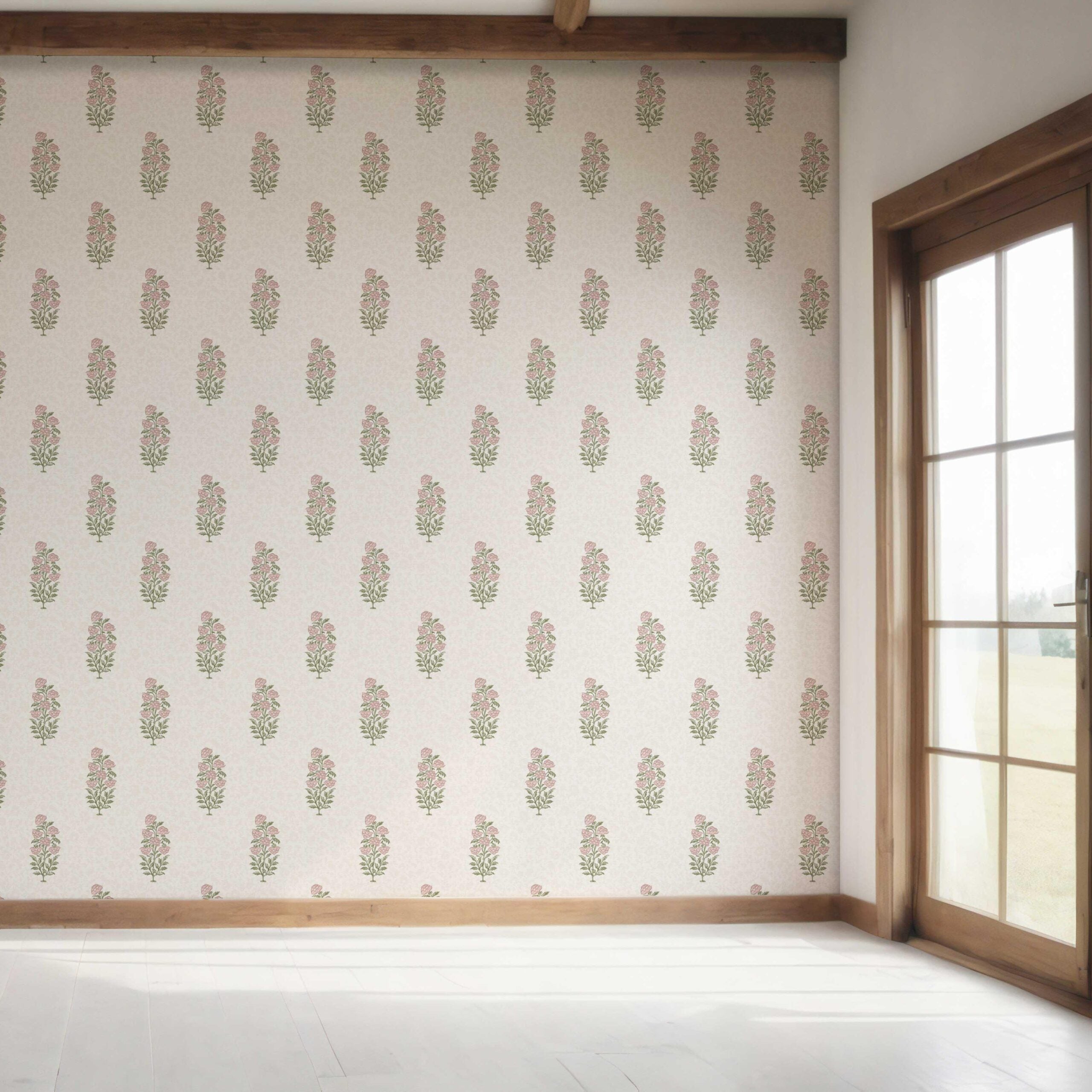 Floral Block Print Bedroom Wallpaper Sample (Pink/ Green)