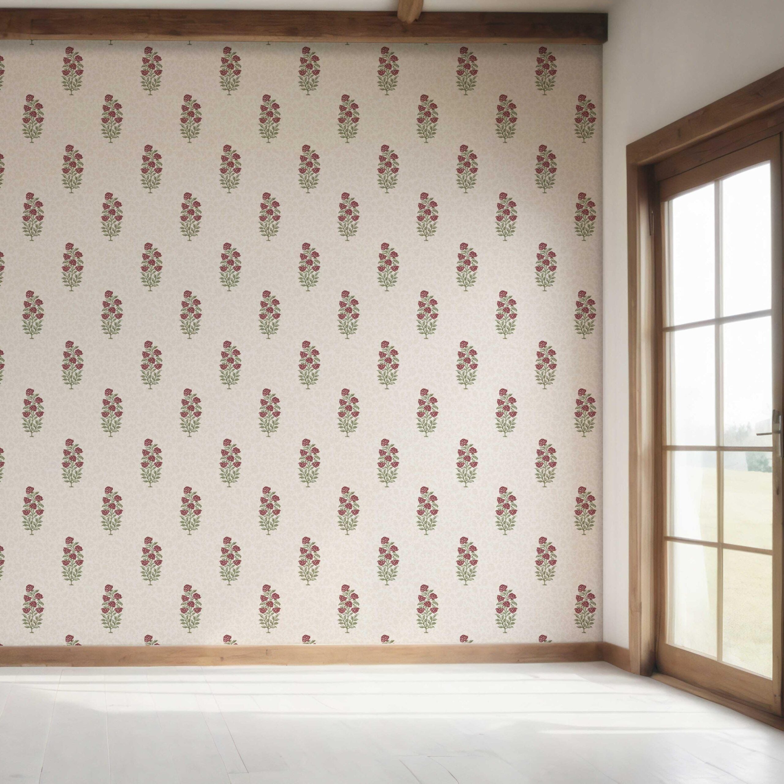 Floral Block Print Bedroom Wallpaper Sample (Deep Red/ Maroon/ Green)