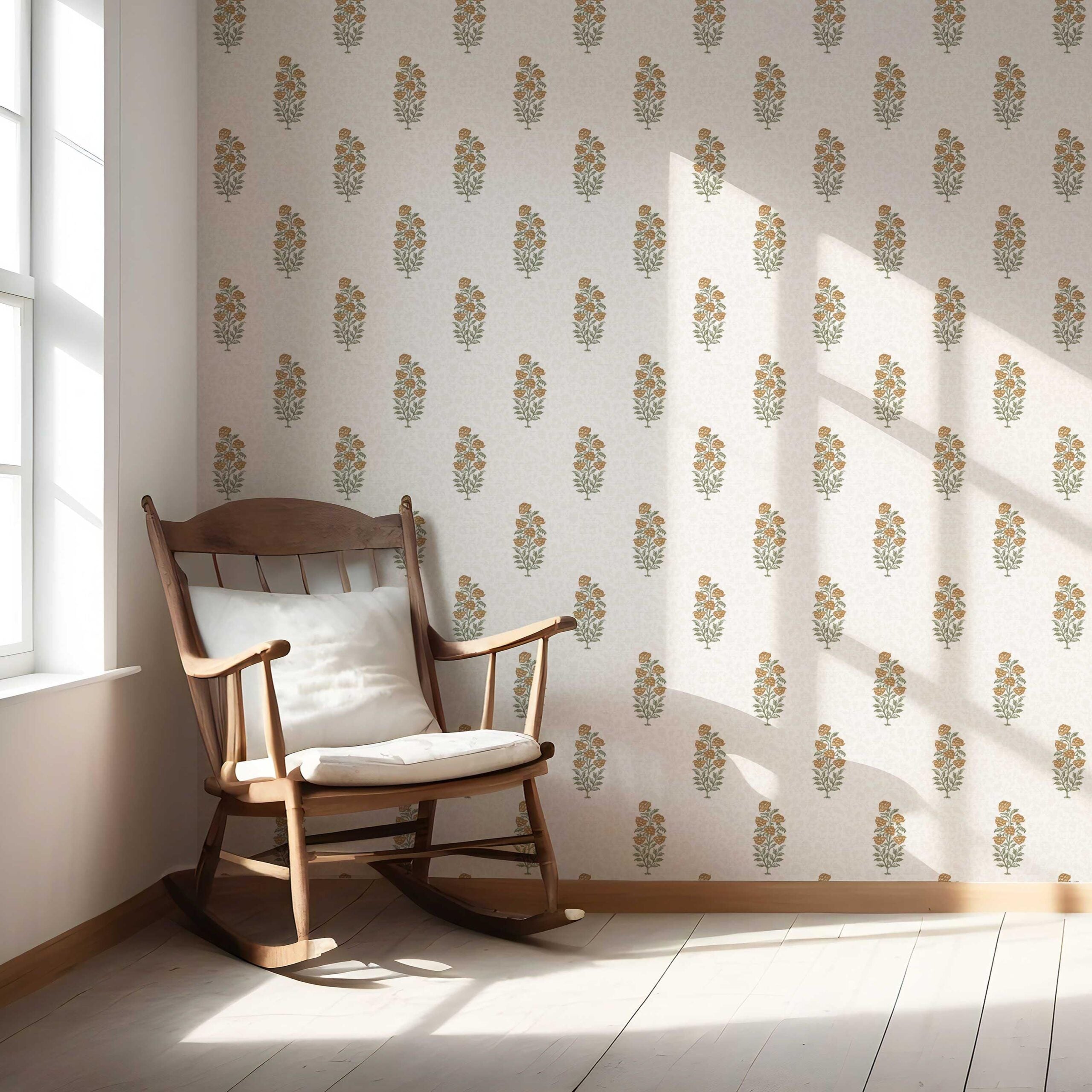 Floral Block Print Nursery Wallpaper (Mustard Yellow/ Green)