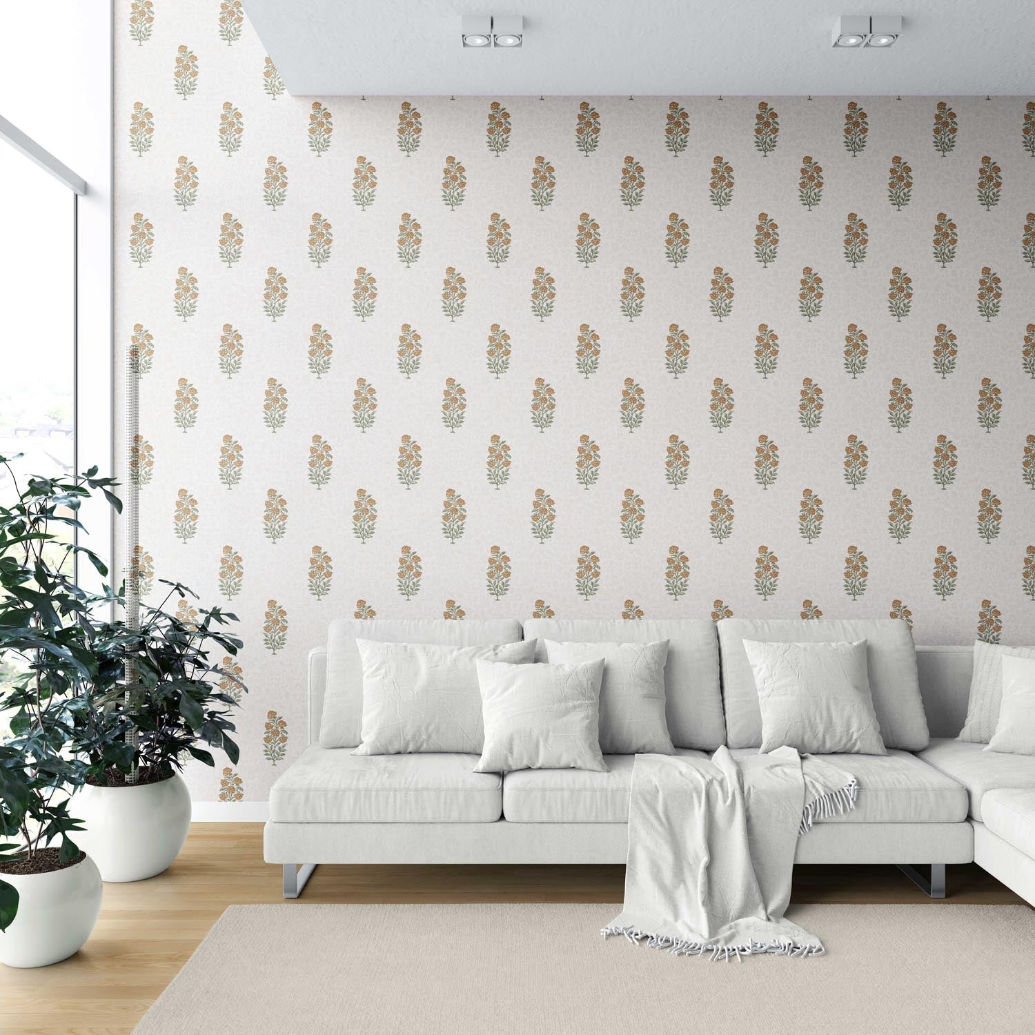 Floral Block Print Shower Toilet Wallpaper (Mustard Yellow/ Green)