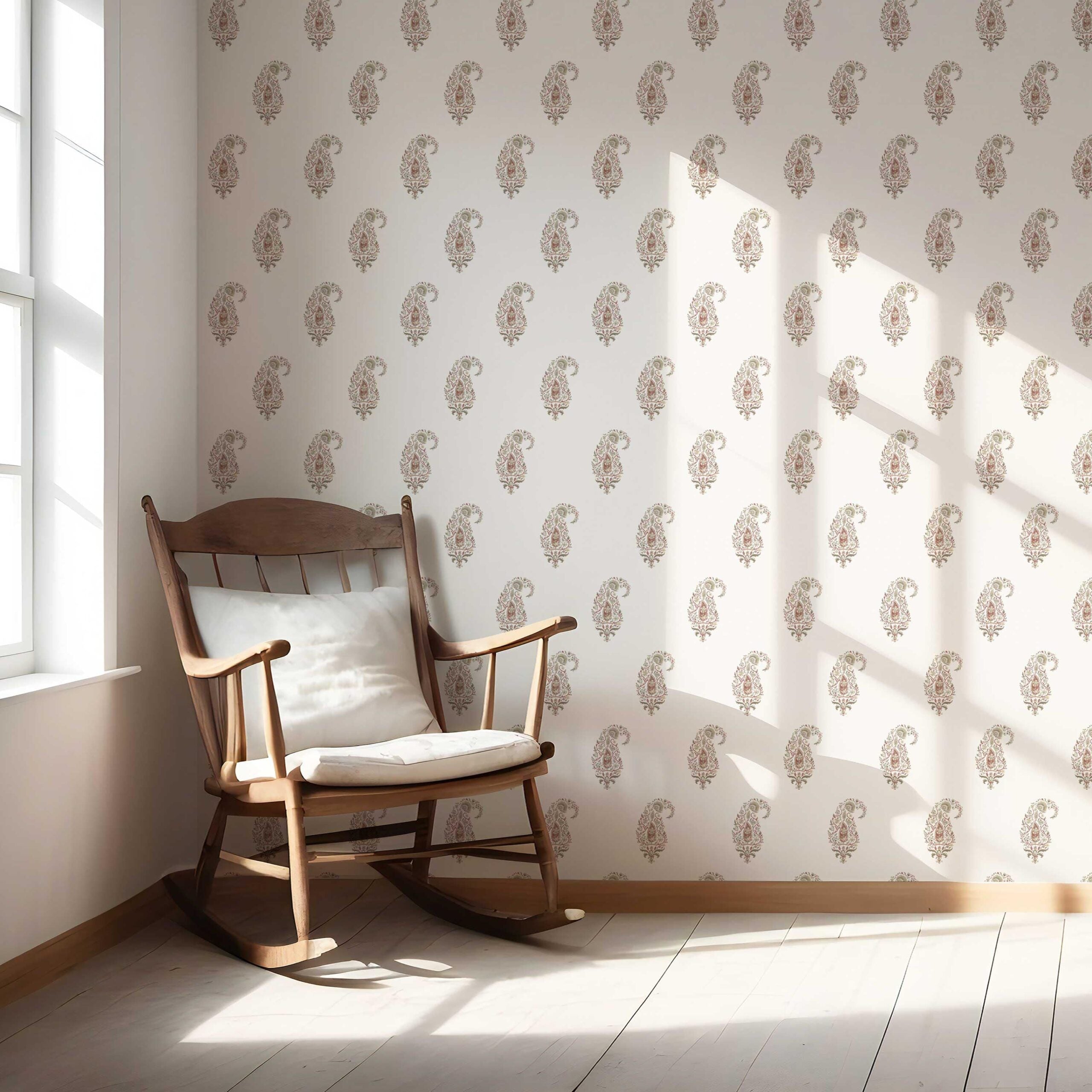 Paisley Floral Nursery Wallpaper Sample (Red/ Green/ Gray)