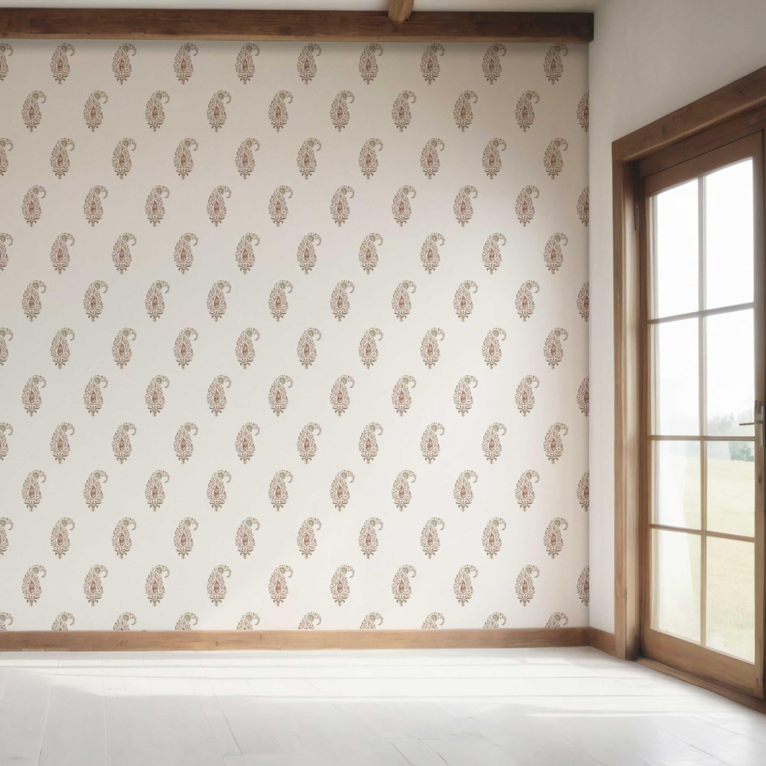 Paisley Floral Bedroom Wallpaper (Red/ Green/ Gray)