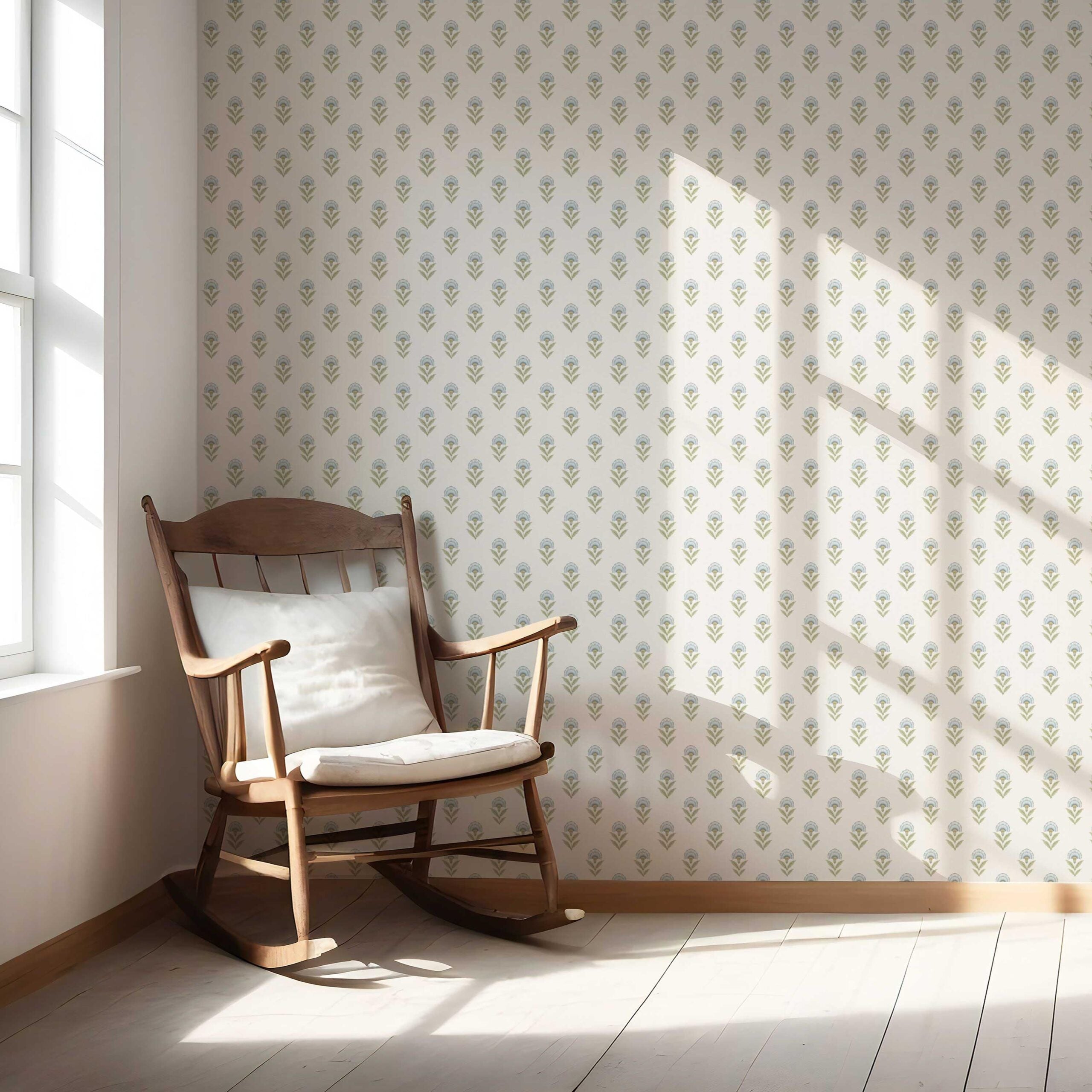 Floral Block Print Nursery Wallpaper Sample (Blue/ Green)