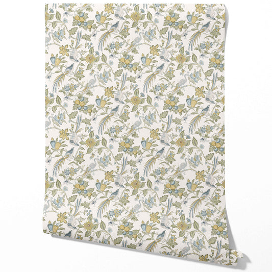 Floral/ Birds Print Traditional Wallpaper (Blue/ Green/ Yellow/ Gray)