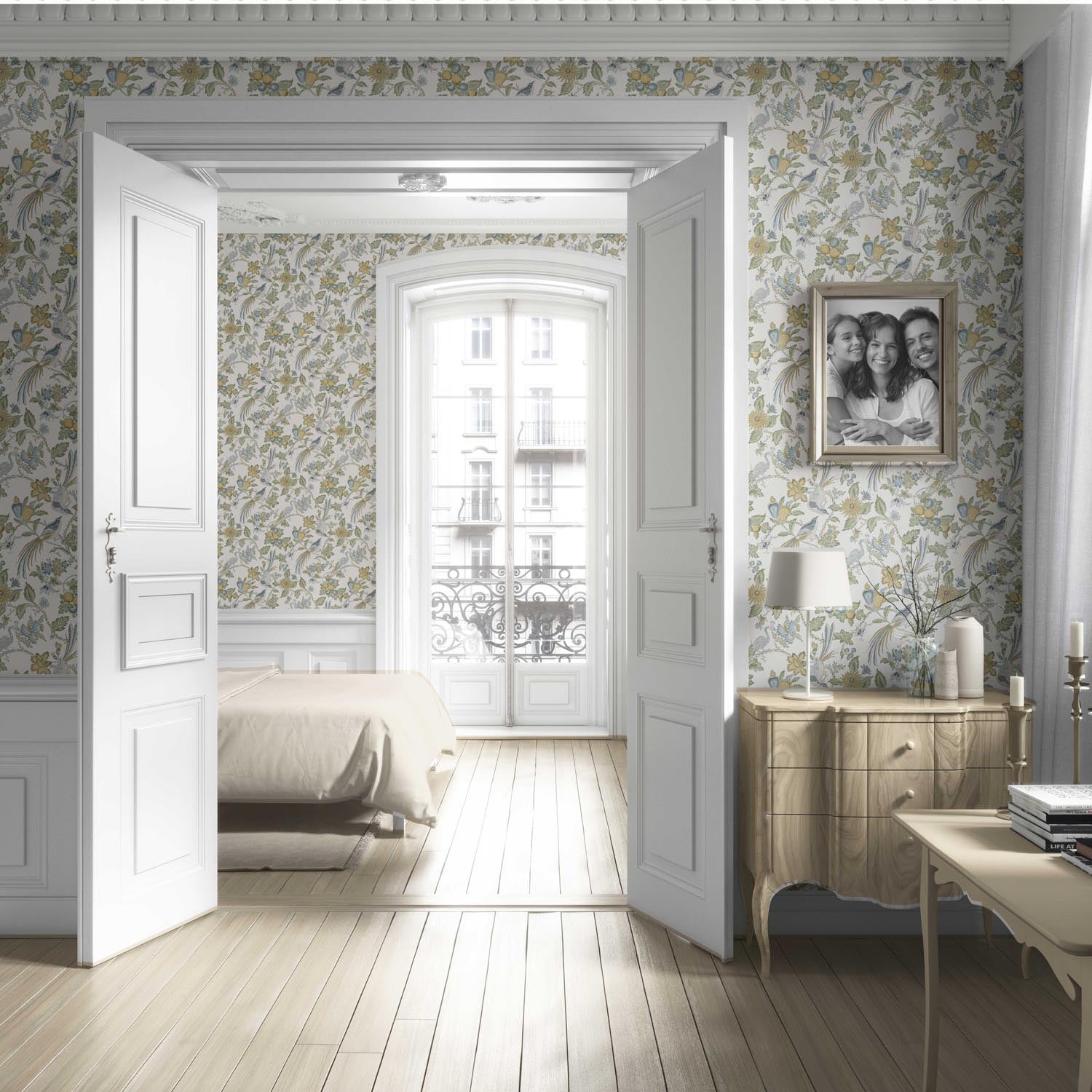 Floral/ Birds Print Living Room Wallpaper (Blue/ Green/ Yellow/ Gray)