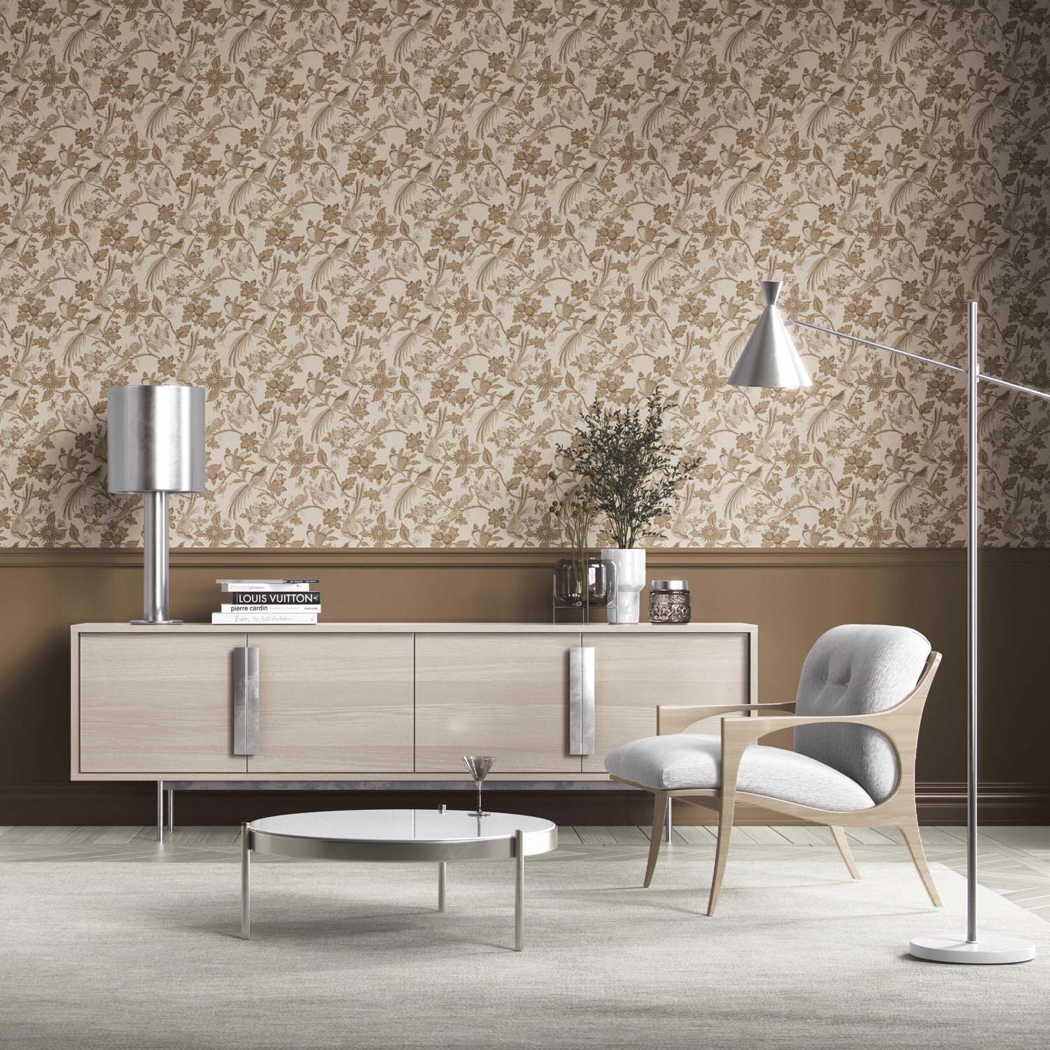 Neutral Floral/ Birds Print Kitchen Wallpaper (Brown/ Beige/ Taupe)