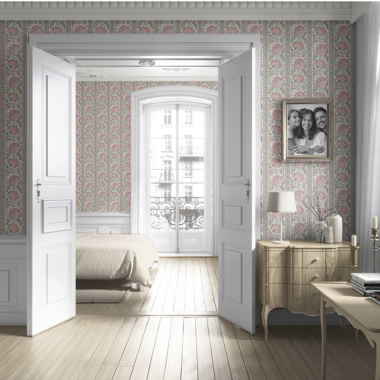 Vintage Floral Striped/ Botanical Living Room Wallpaper Sample (Pink/ Green)