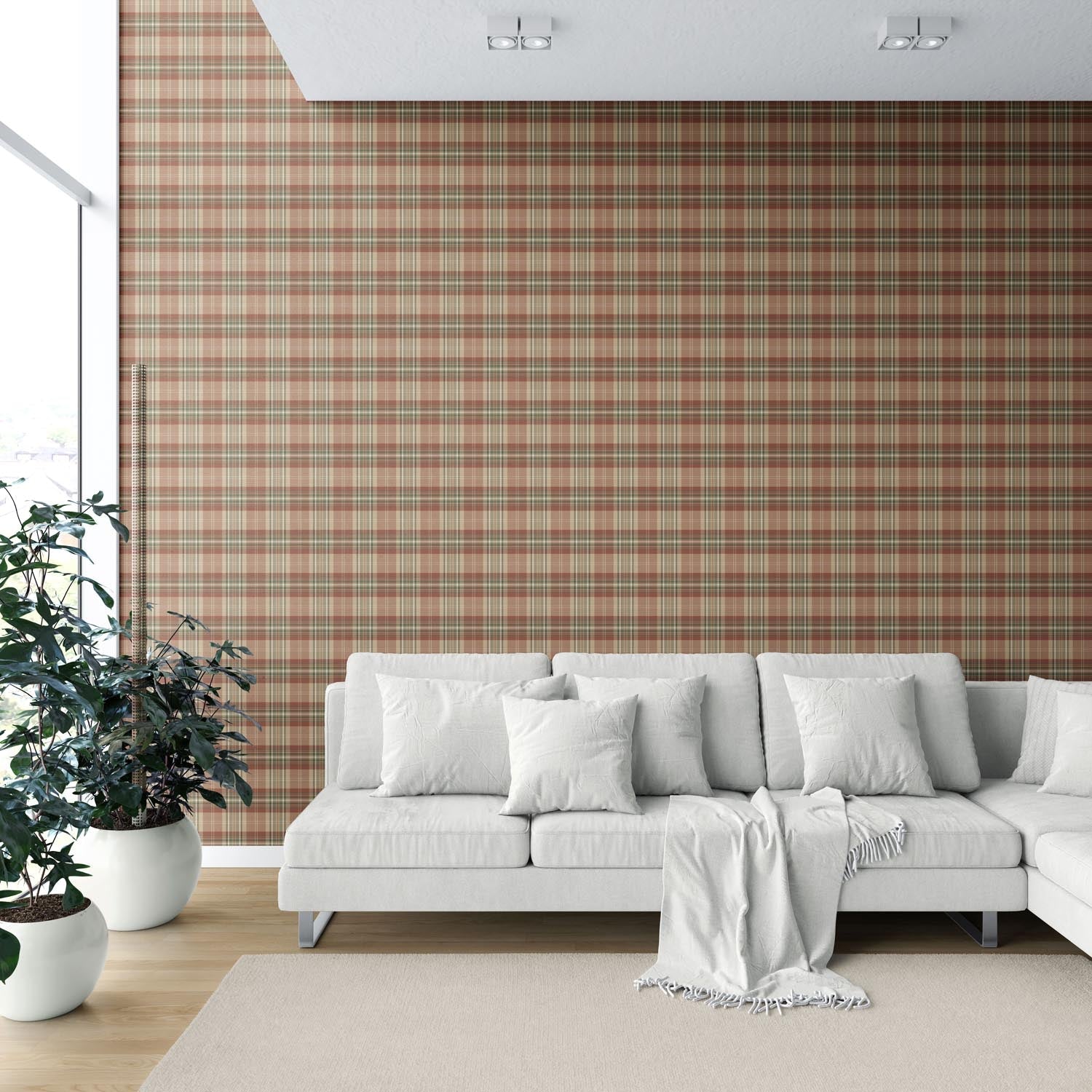 Geometric Plaid Checkered Shower Toilet Wallpaper Sample (Red/ Brown/ Beige/ Green)