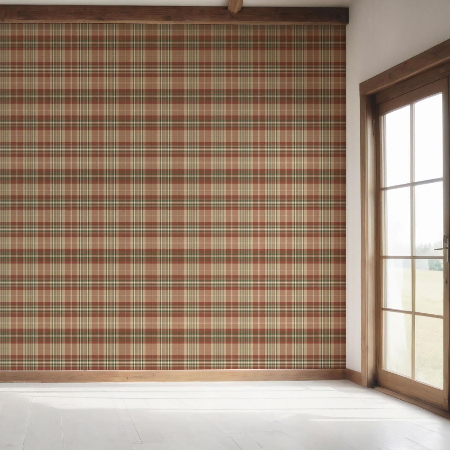 Geometric Plaid Checkered Bedroom Wallpaper Sample (Red/ Brown/ Beige/ Green)