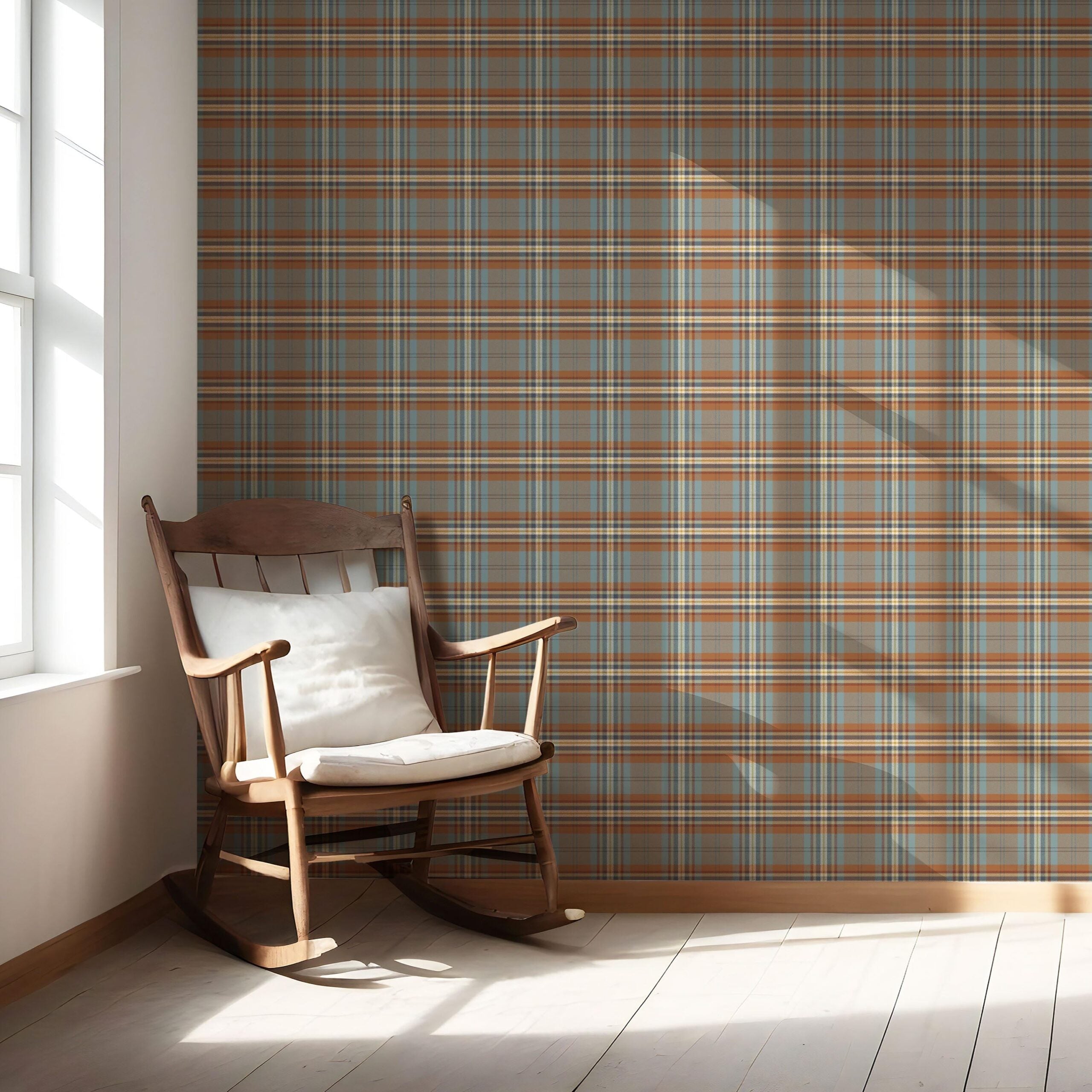 Geometric Plaid Checkered Nursery Wallpaper Sample (Blue/ Brown/ Red)