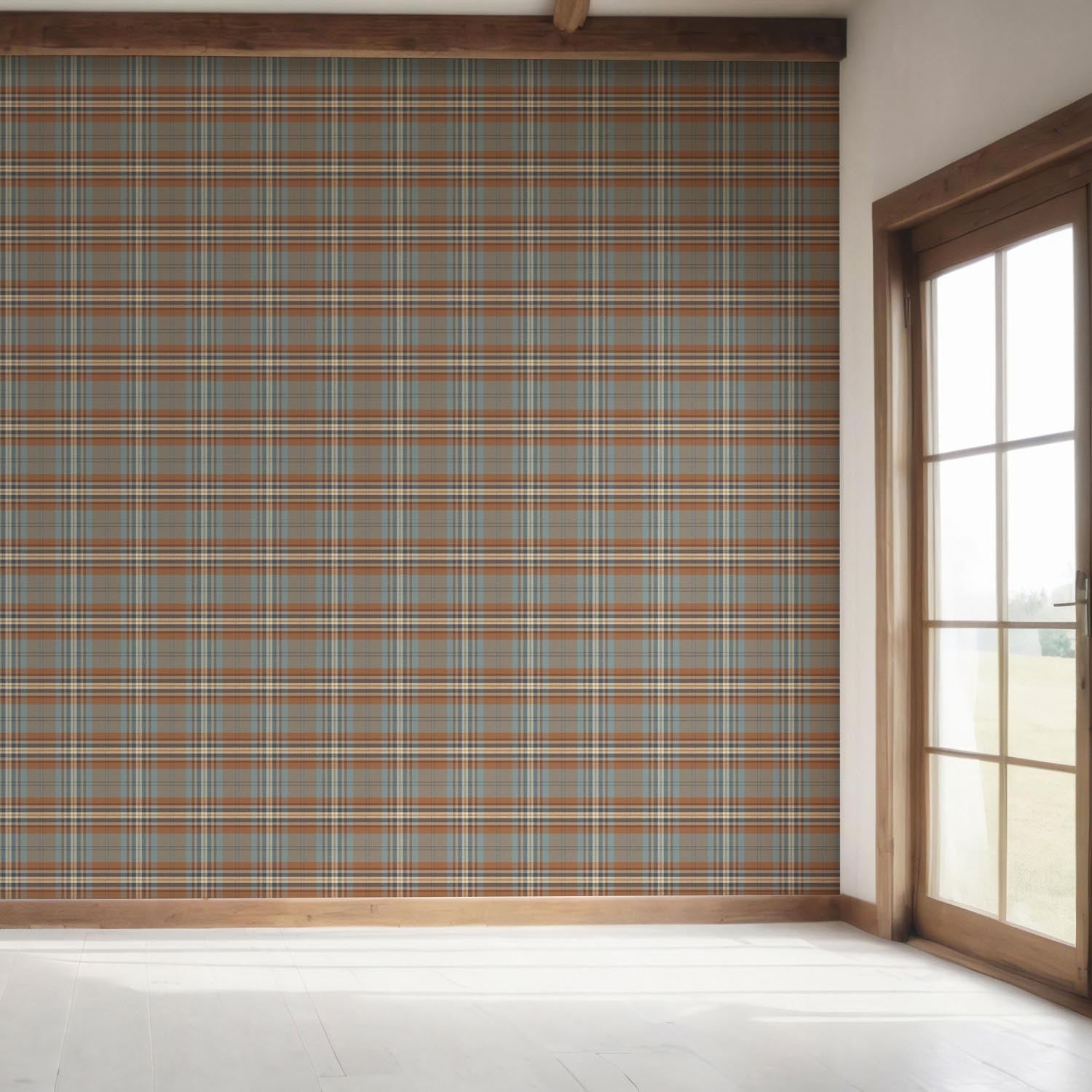 Geometric Plaid Checkered Bedroom Wallpaper Sample (Blue/ Brown/ Red)