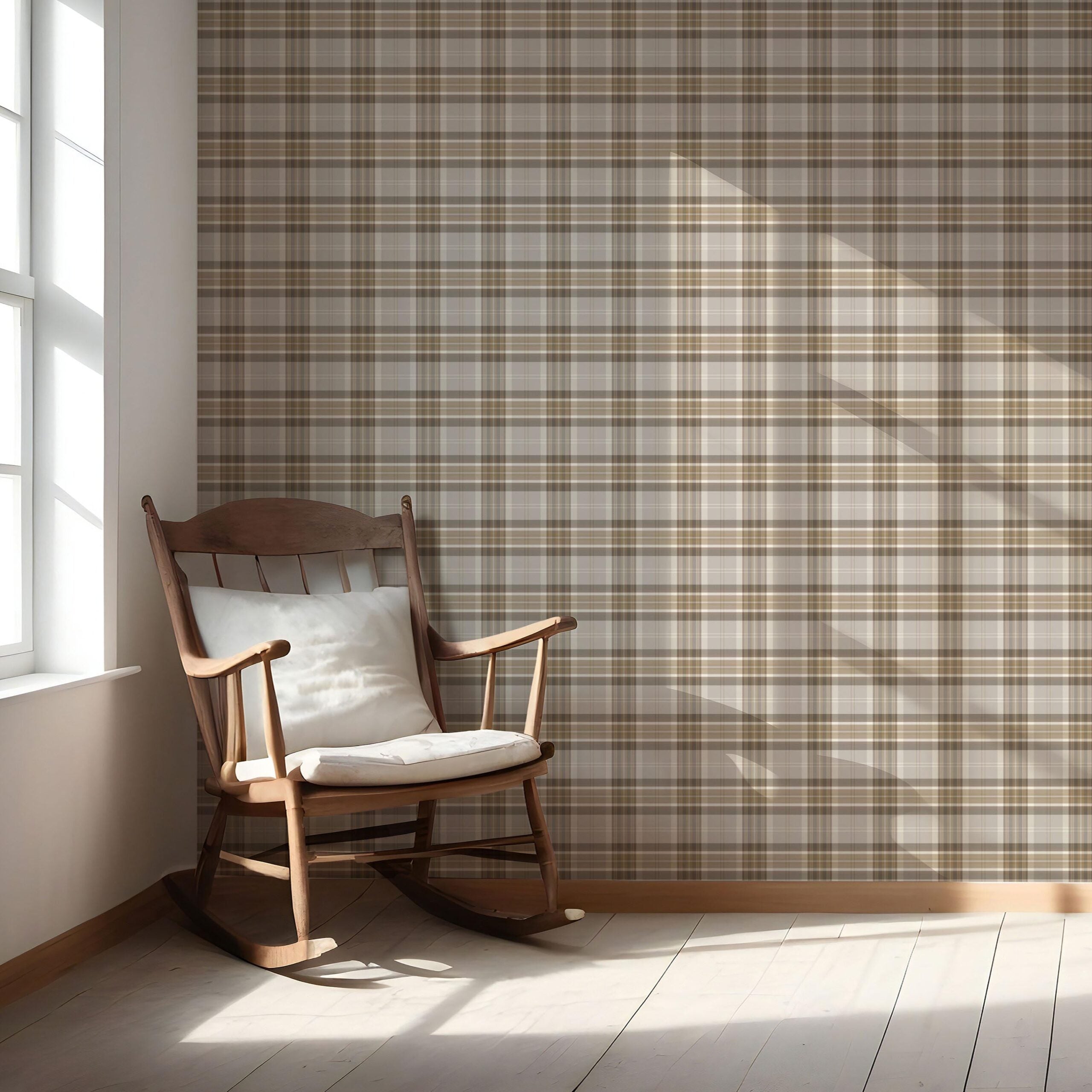 Neutral Geometric Plaid Checkered Nursery Wallpaper Sample (Beige/ Greige/ Taupe)