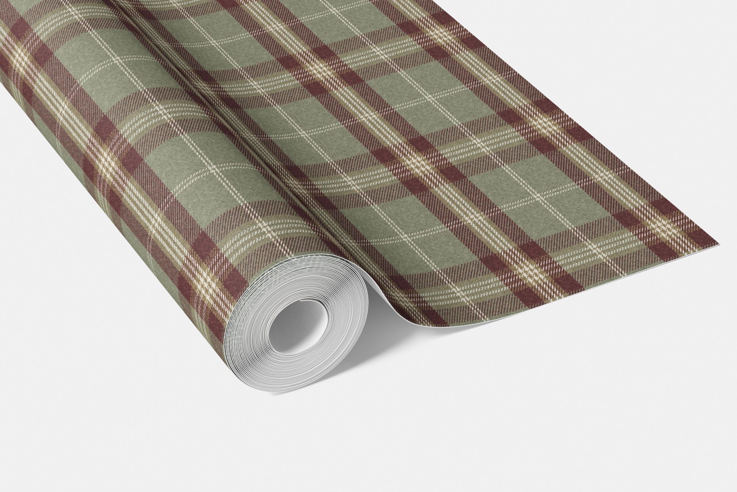 Geometric Plaid Checkered Bathroom Wallpaper (Olive Green/ Red/ Beige)