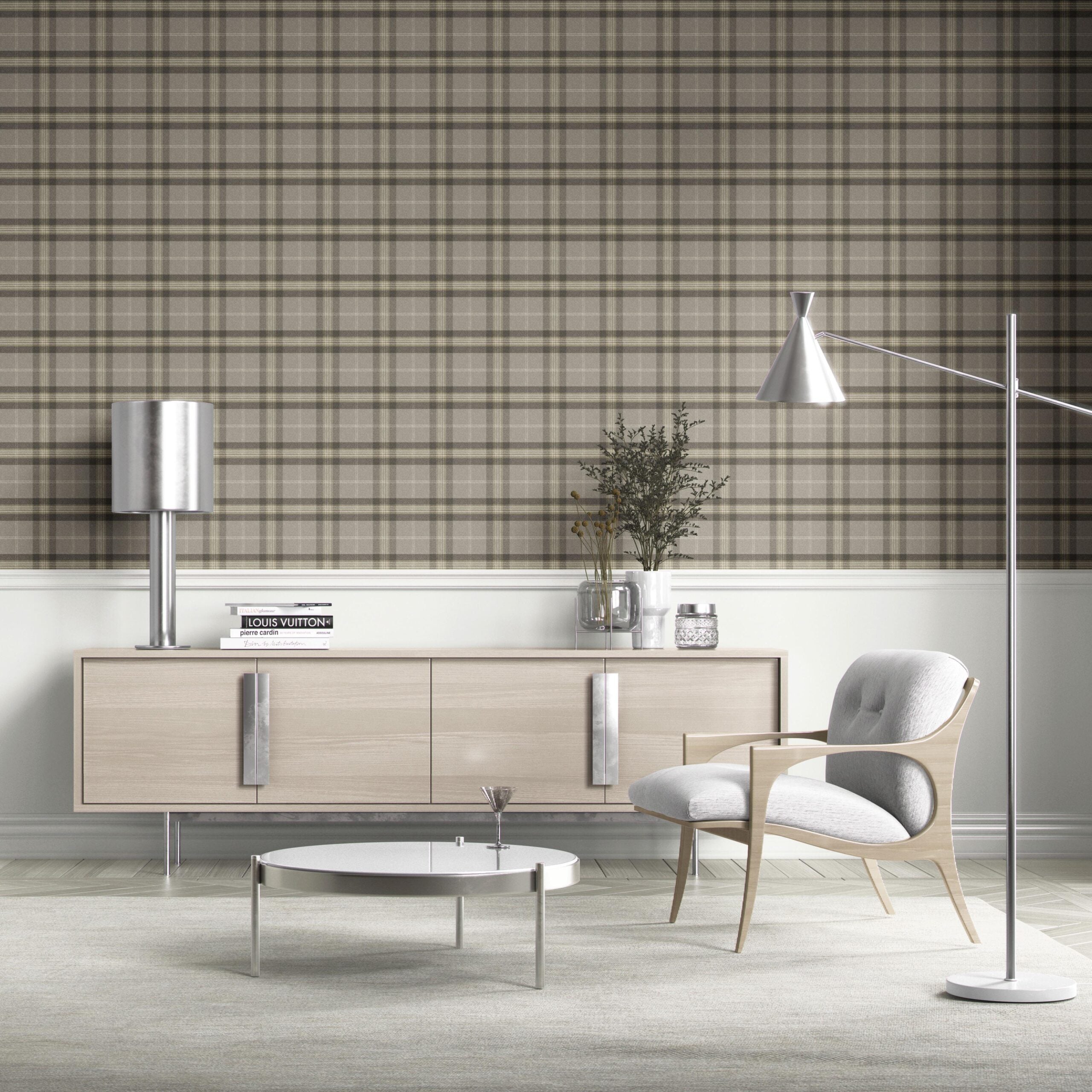 Geometric Plaid Checkered Kitchen Wallpaper (Gray/ Cedar Brown)