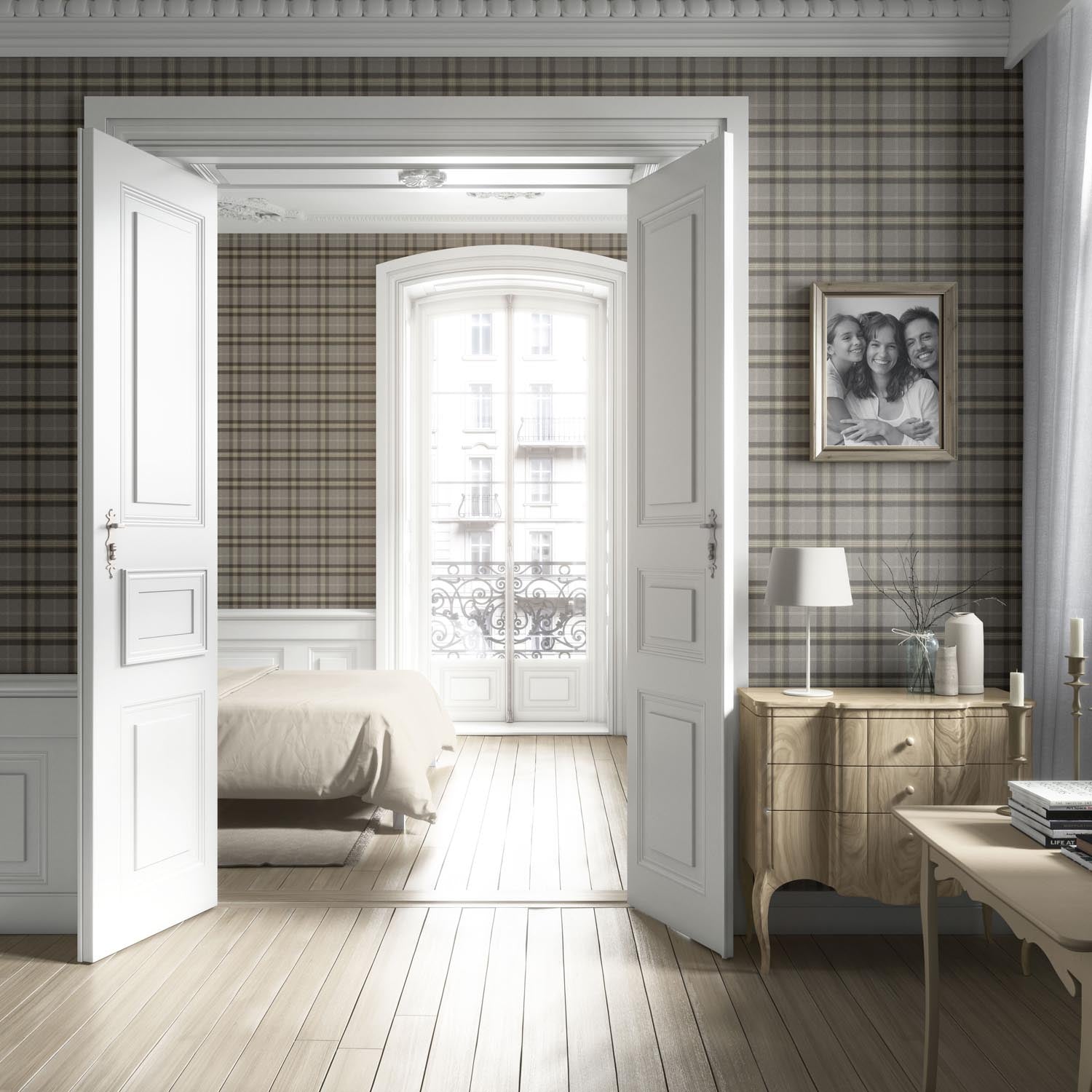 Geometric Plaid Checkered Living Room Wallpaper (Gray/ Cedar Brown)