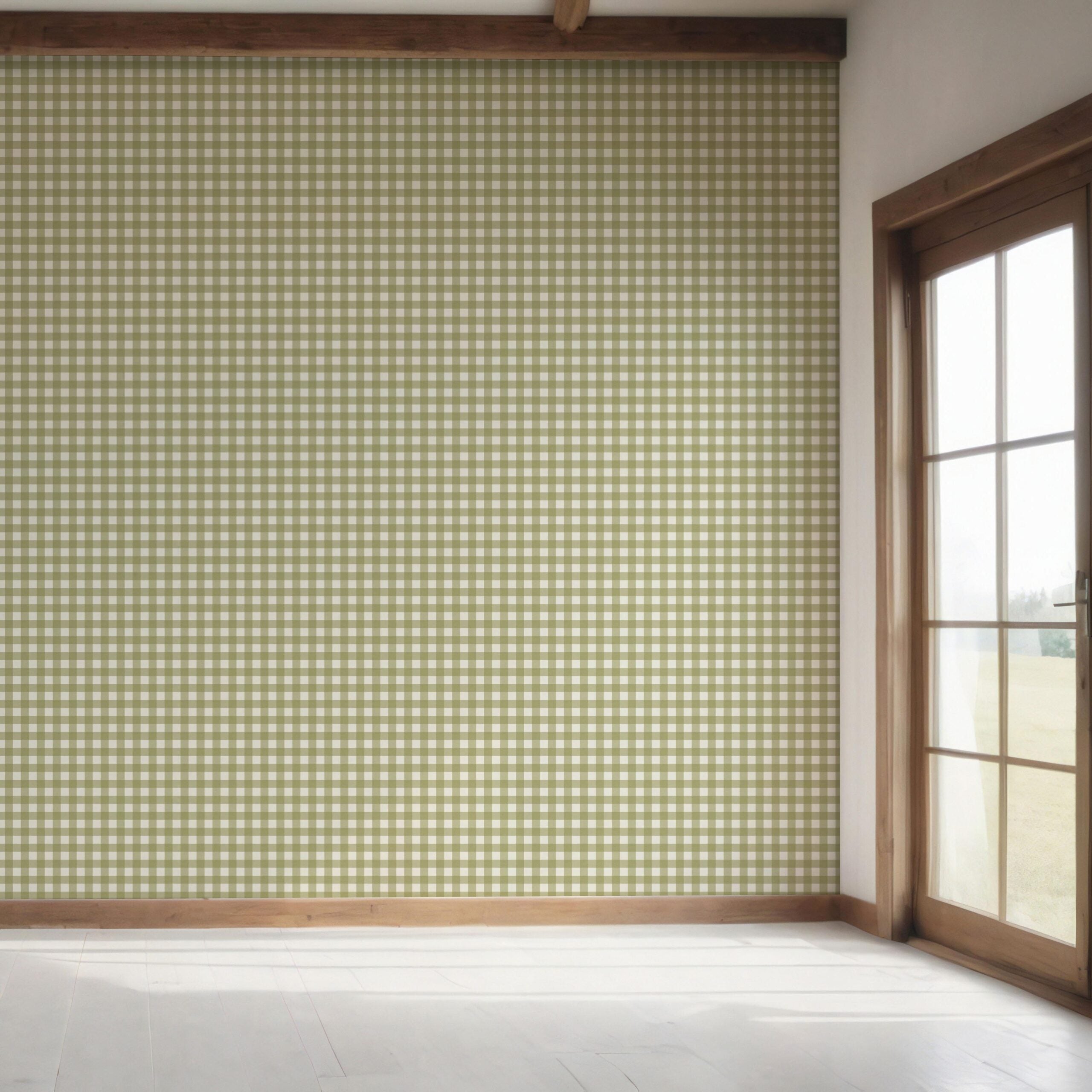 Geometric Gingham Checkered Bedroom Wallpaper Sample (Green)
