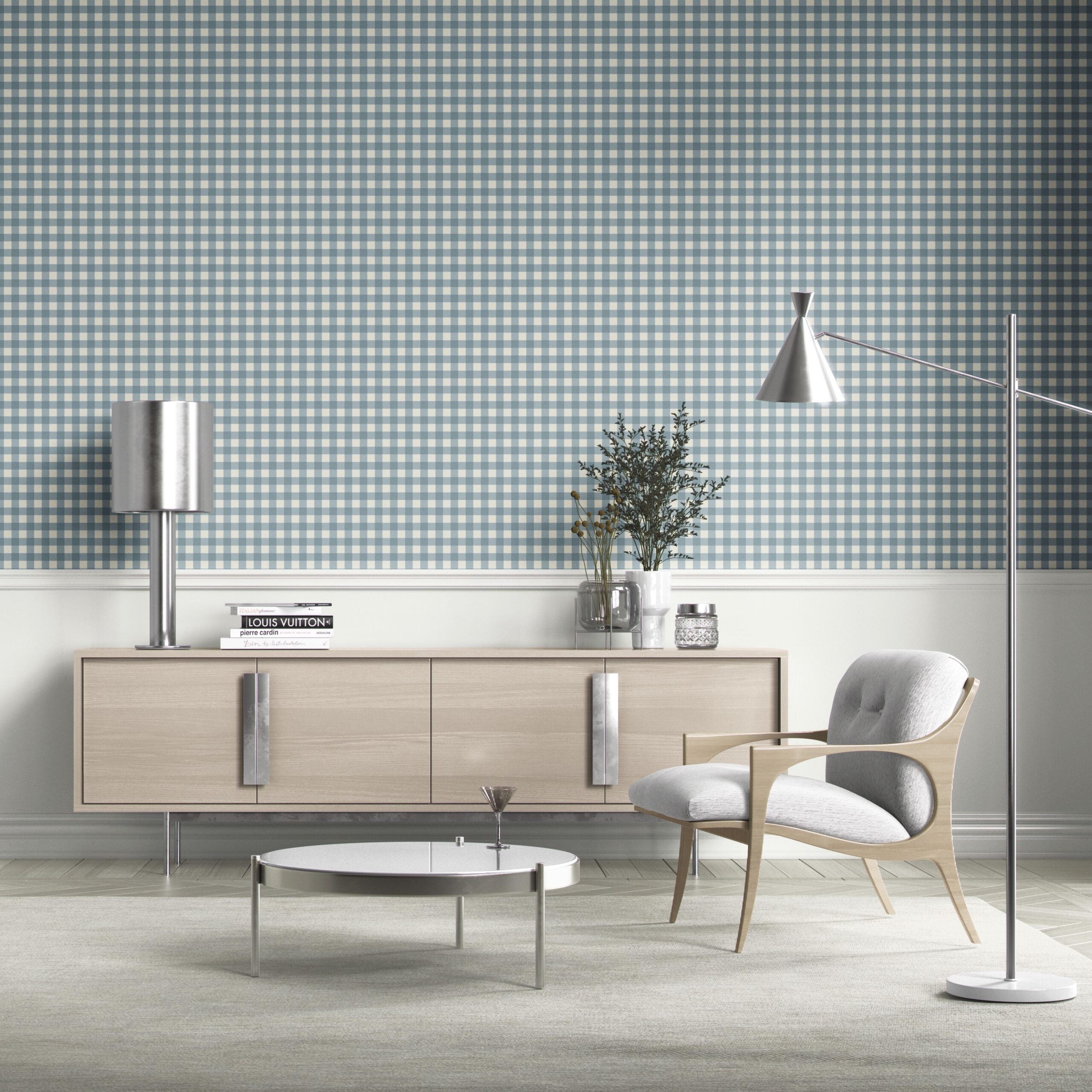 Geometric Gingham Checkered Bathroom Wallpaper (Blue)