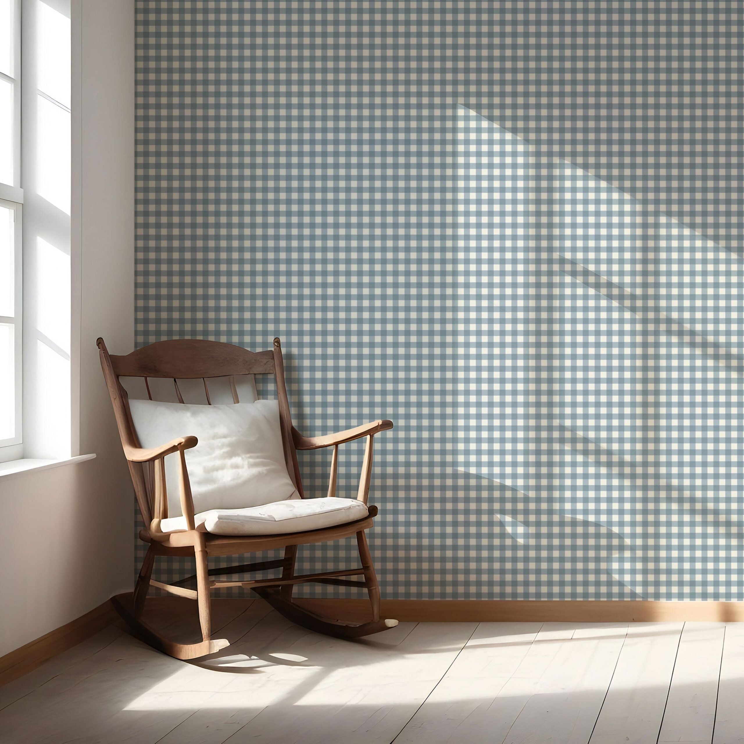 Geometric Gingham Checkered Nursery Wallpaper (Blue)