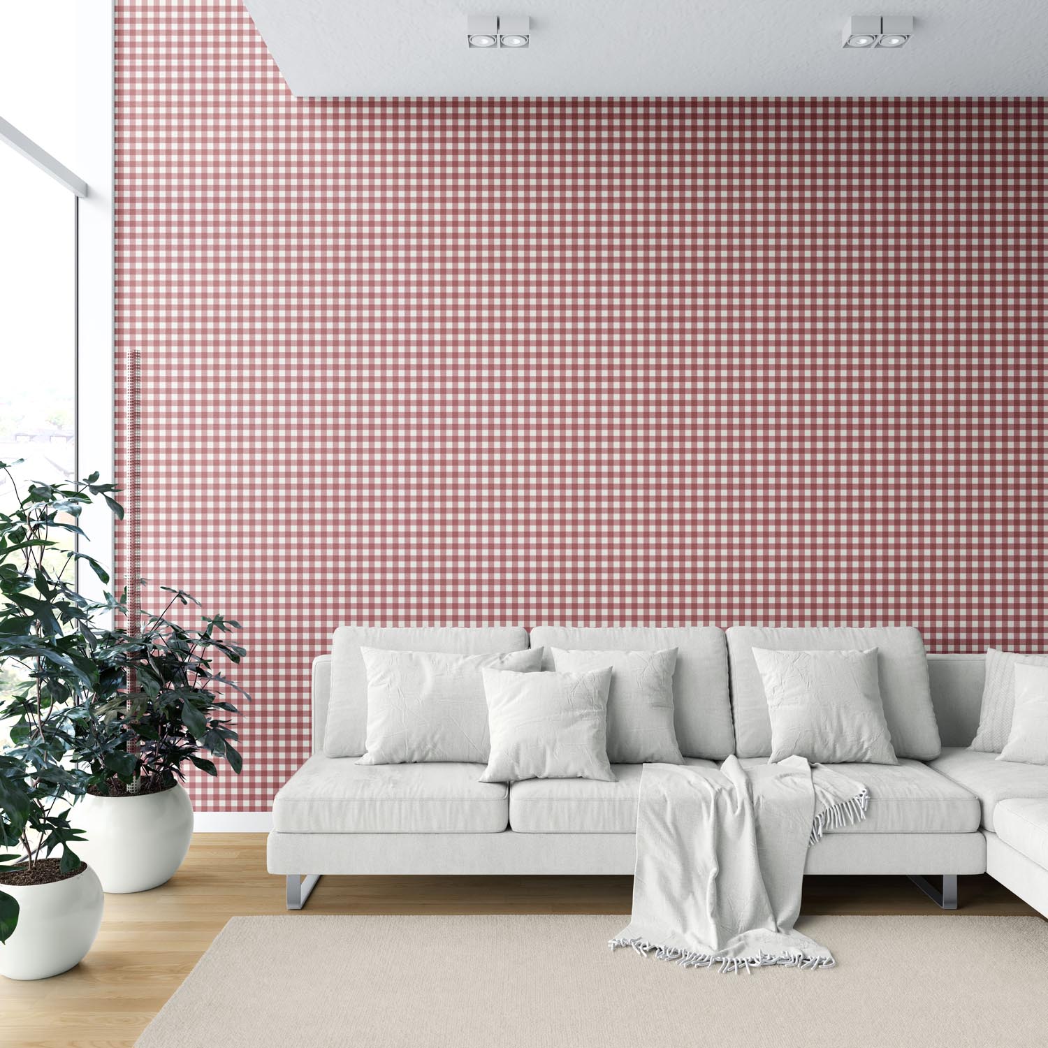 Geometric Gingham Checkered Shower Toilet Wallpaper Sample (Cranberry Red)