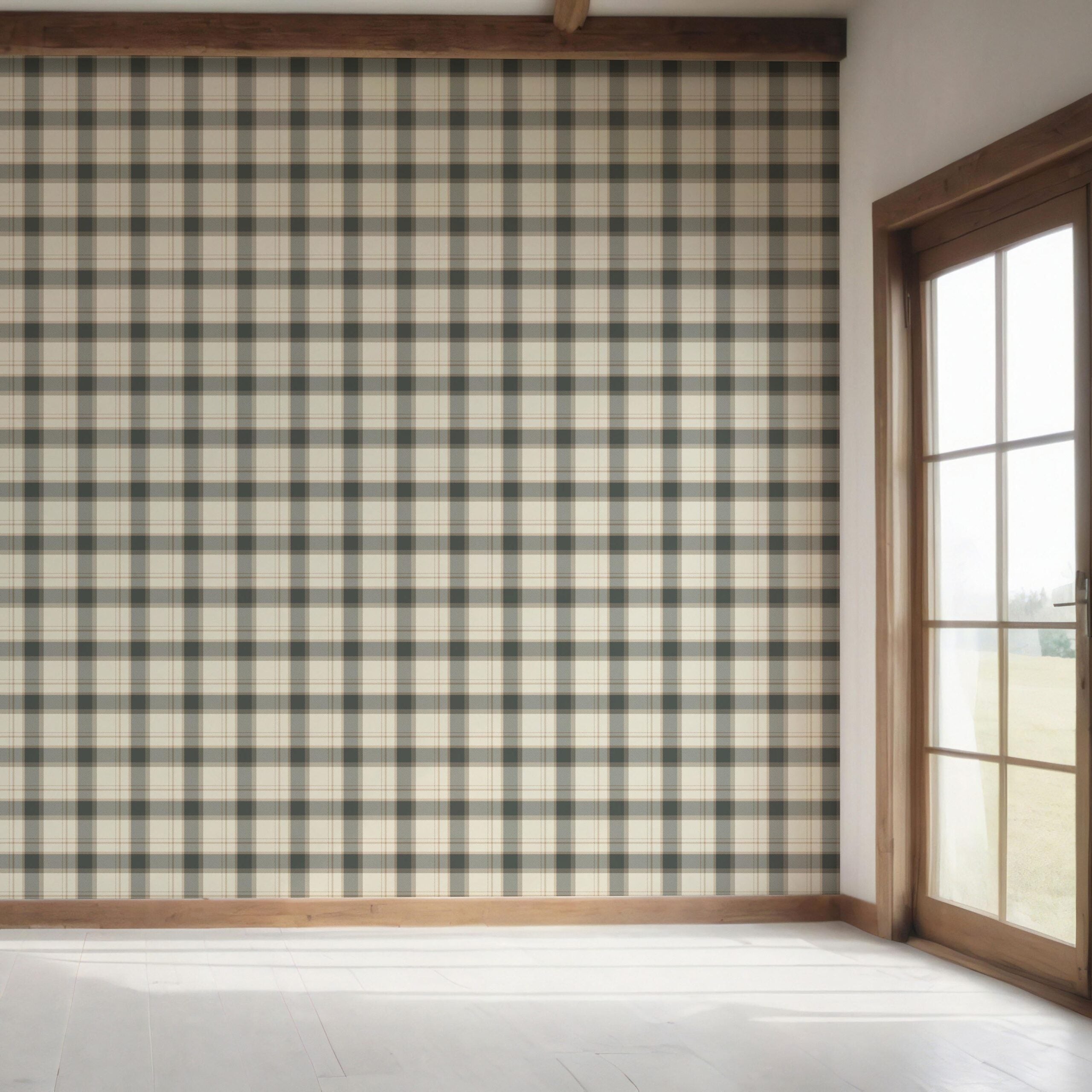 Neutral Geometric Plaid Checkered Bedroom Wallpaper (Charcoal Black/ Off-White/ Beige)