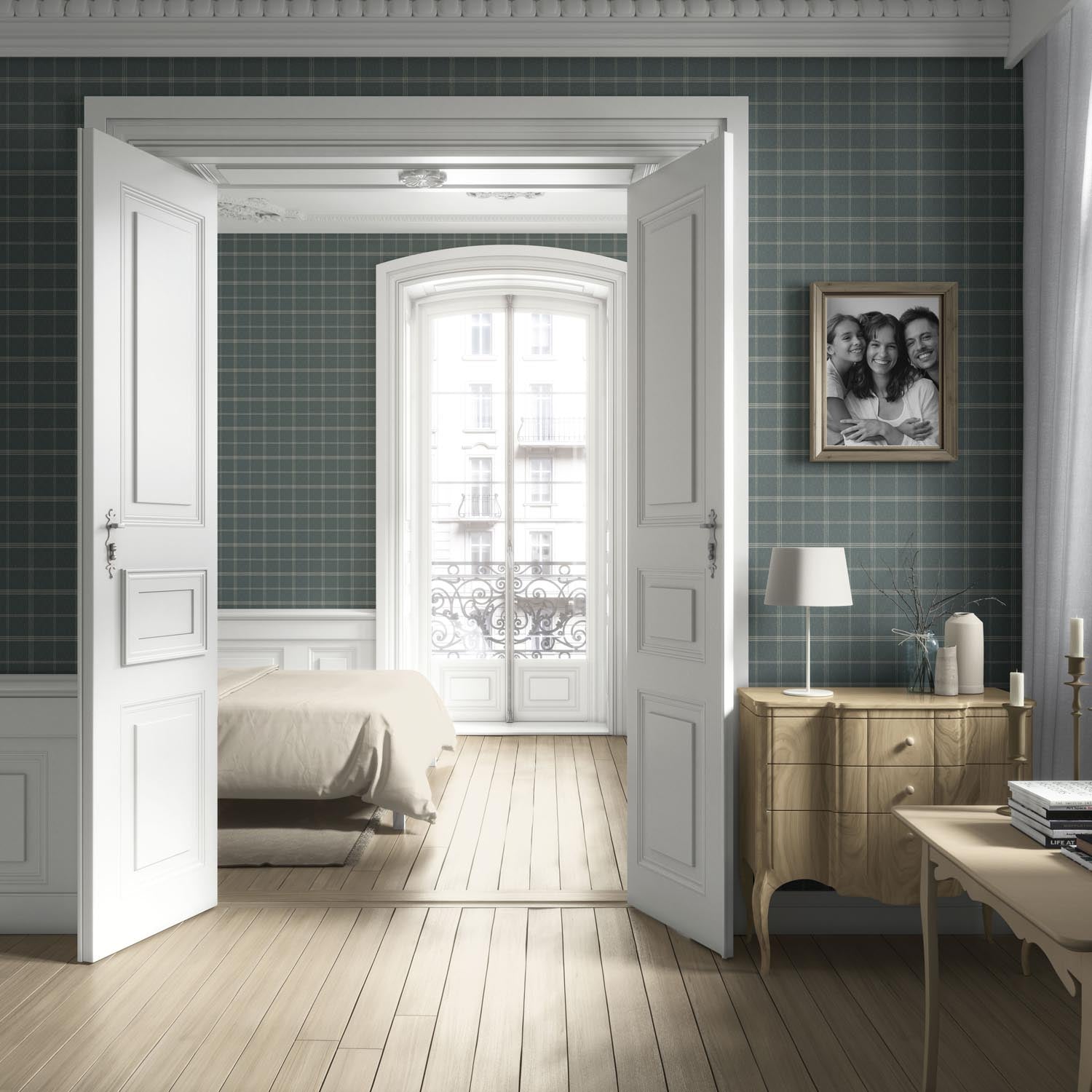 Geometric Plaid Checkered Living Room Wallpaper Sample (Blue-Gray)
