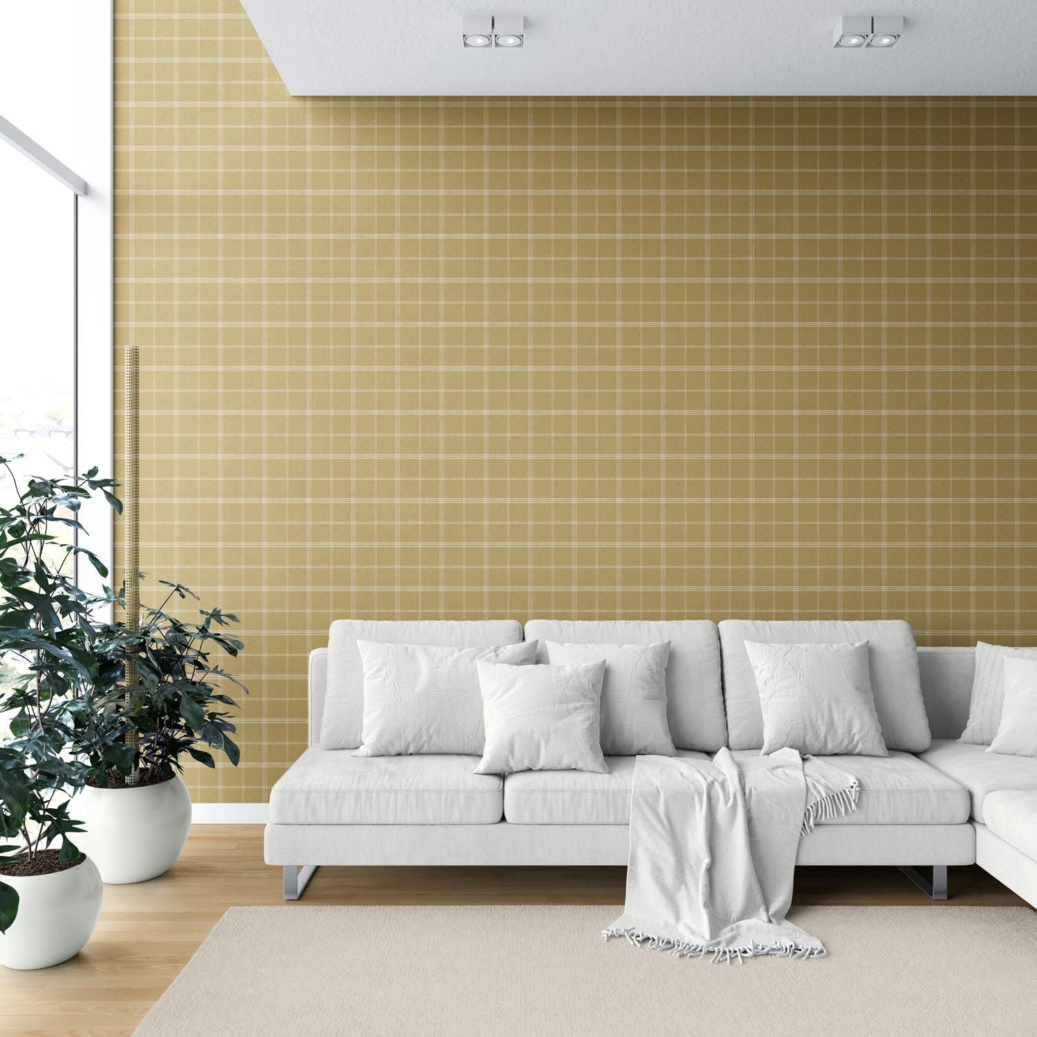 Geometric Plaid Checkered Shower Toilet Wallpaper Sample (Mustard Yellow)