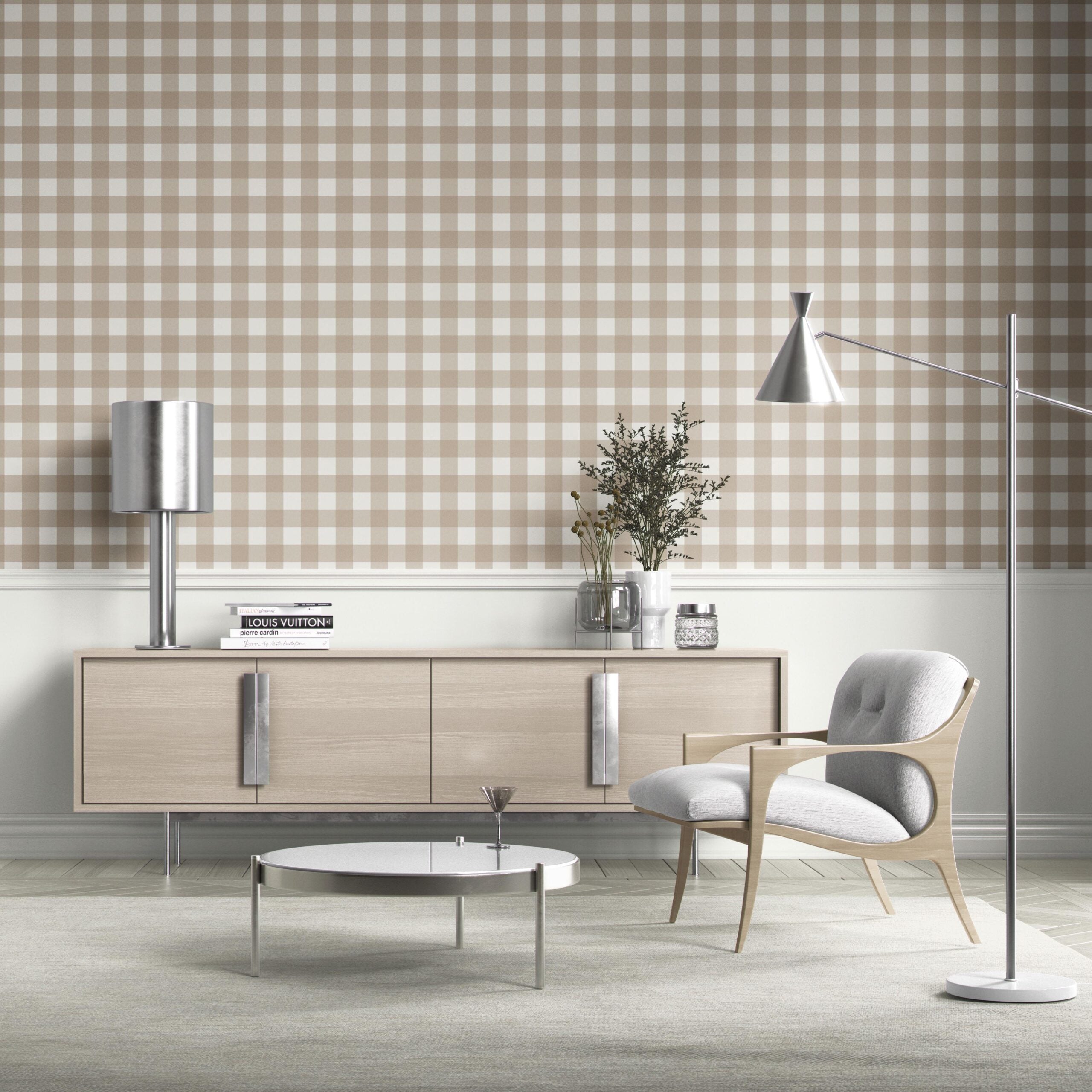 Neutral Geometric Gingham Checkered Bathroom Wallpaper Sample (Light Beige/ Greige)