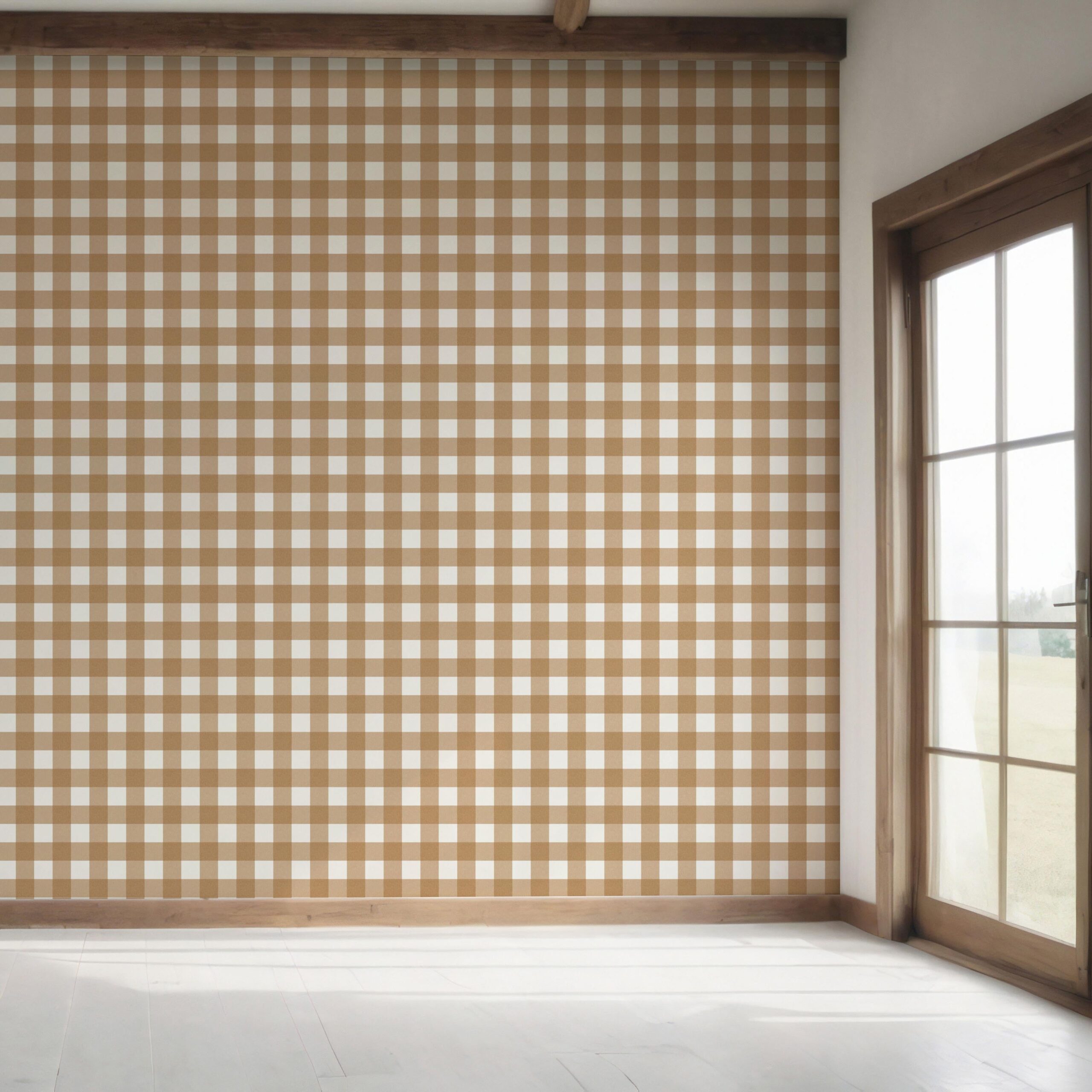 Geometric Gingham Checkered Bedroom Wallpaper Sample (Ochre Orange)
