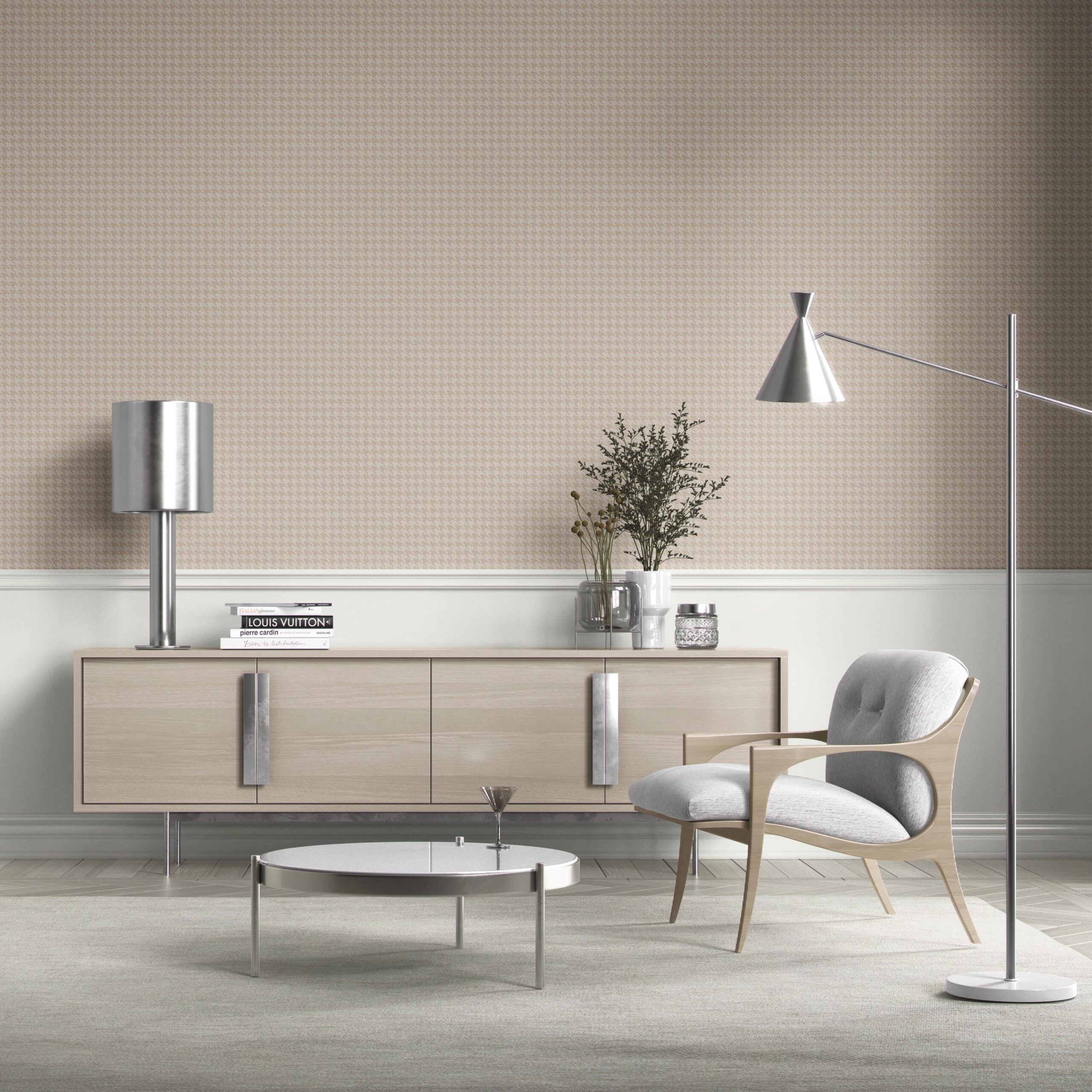 Neutral Plain/ Textured Houndstooth Kitchen Wallpaper (Stone Beige/ Greige)