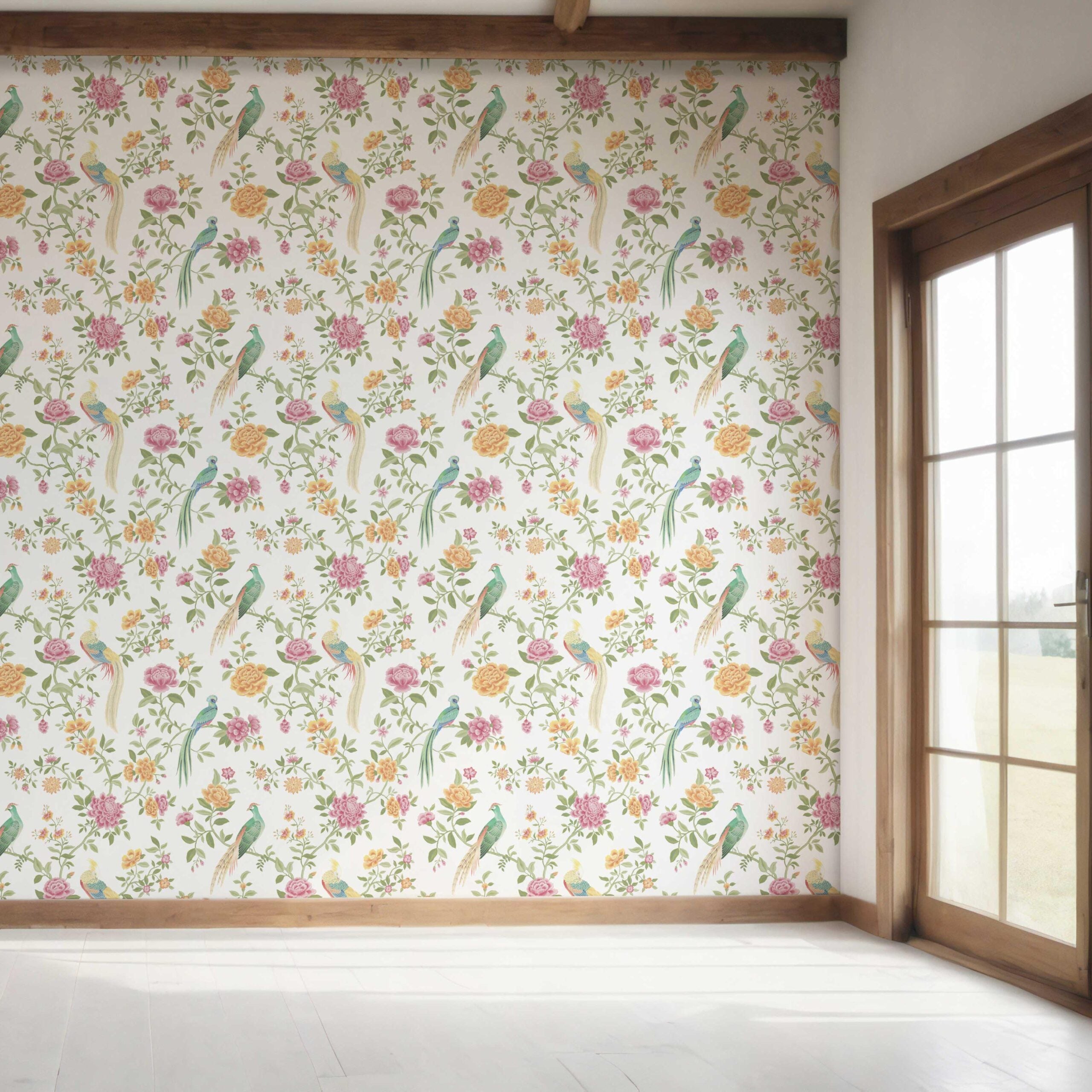 Floral Chinoiserie/ Nature Bird Print Bedroom Wallpaper (Pink/ Green/ Yellow)