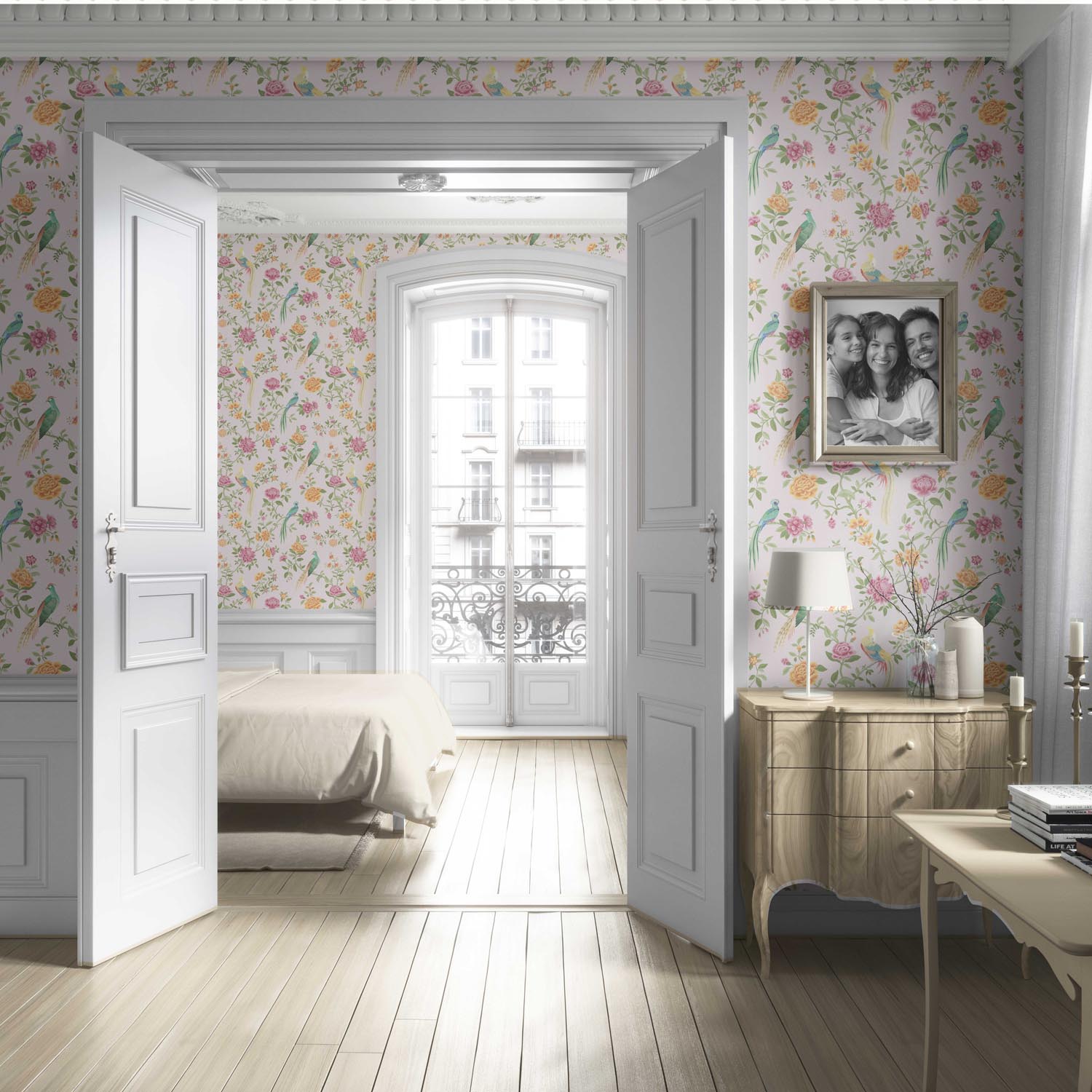 Floral Chinoiserie/ Nature Bird Print Living Room Wallpaper Sample (Blush Pink/ Blue/ Green/ Orange/ Yellow)