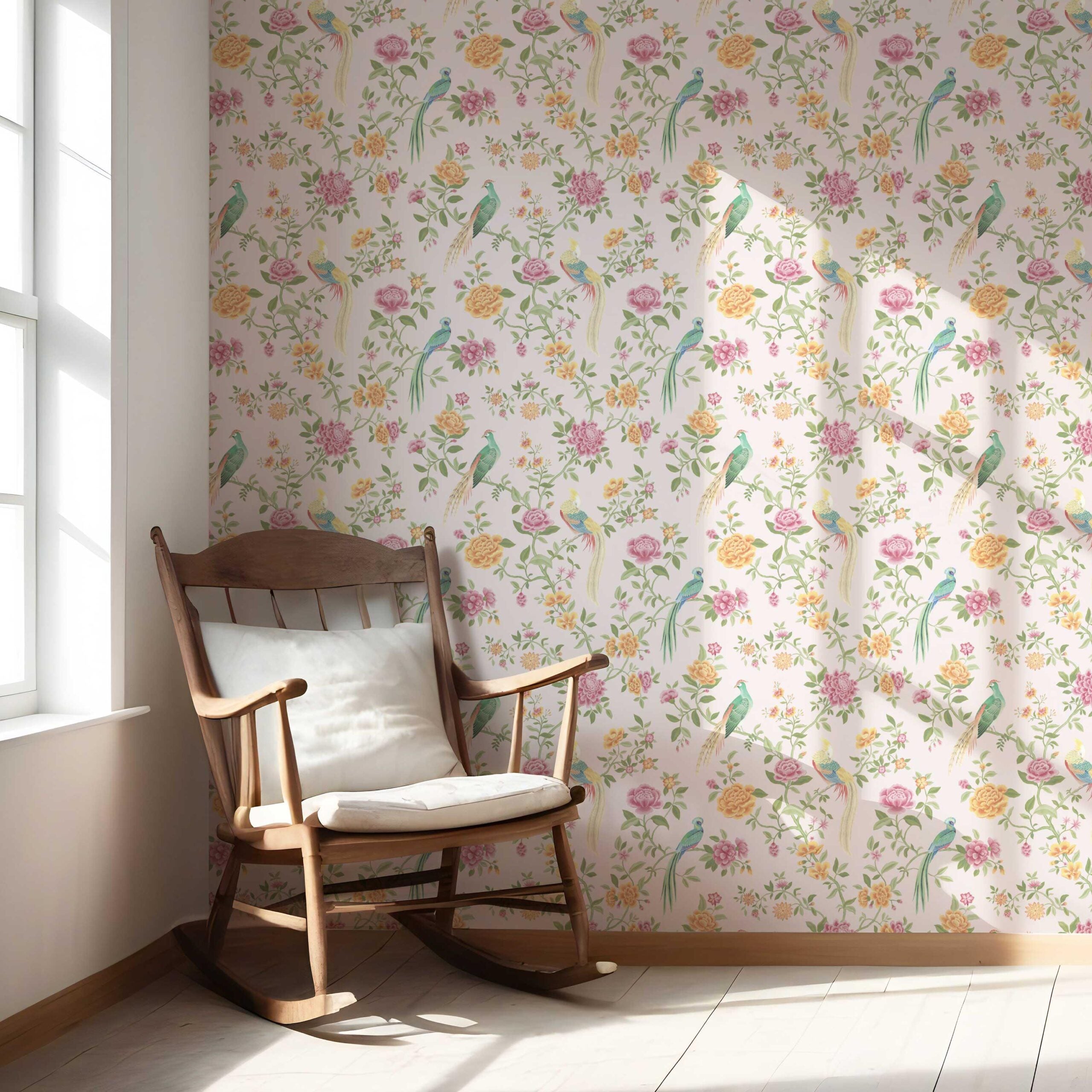 Floral Chinoiserie/ Nature Bird Print Nursery Wallpaper Sample (Blush Pink/ Blue/ Green/ Orange/ Yellow)