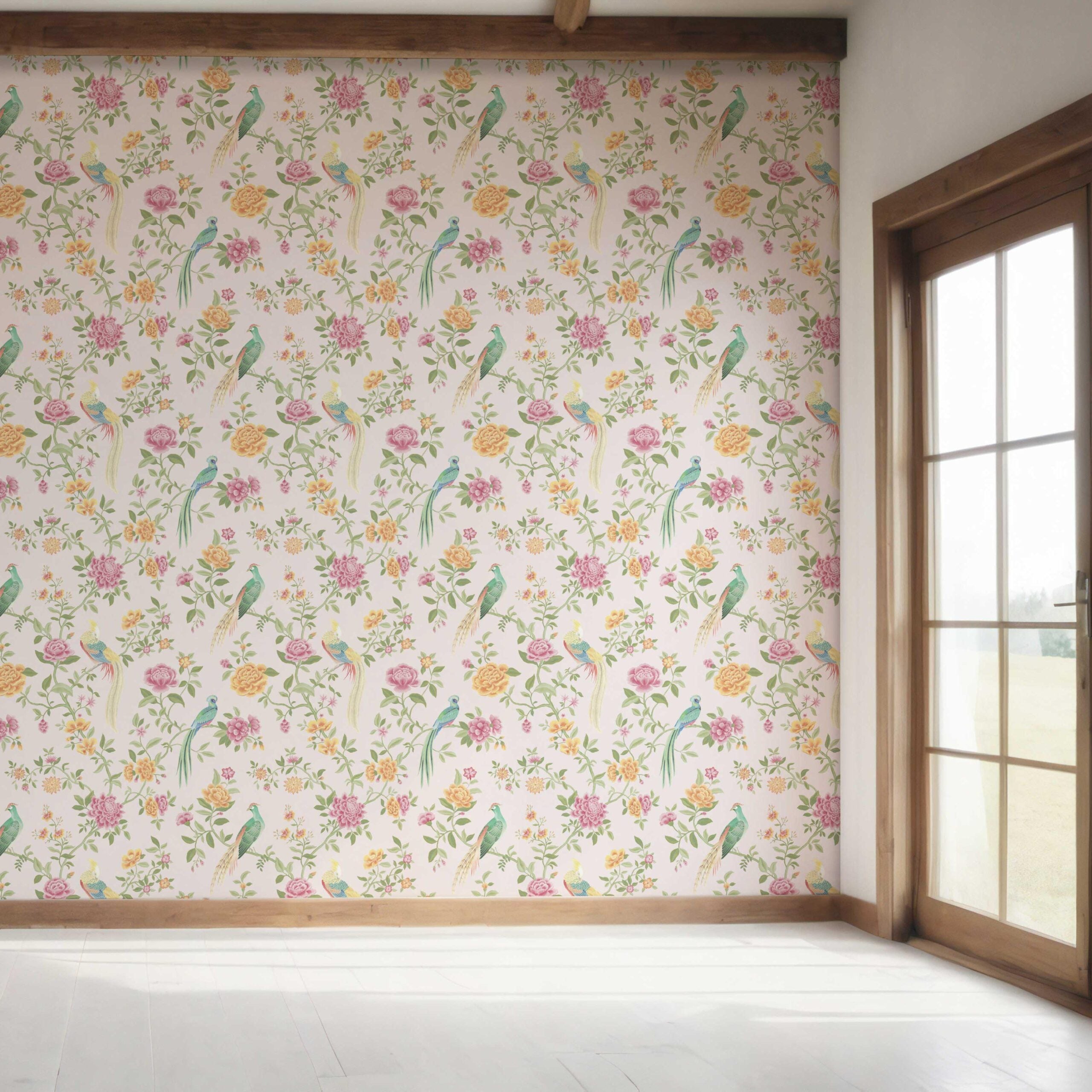 Floral Chinoiserie/ Nature Bird Print Bedroom Wallpaper Sample (Blush Pink/ Blue/ Green/ Orange/ Yellow)