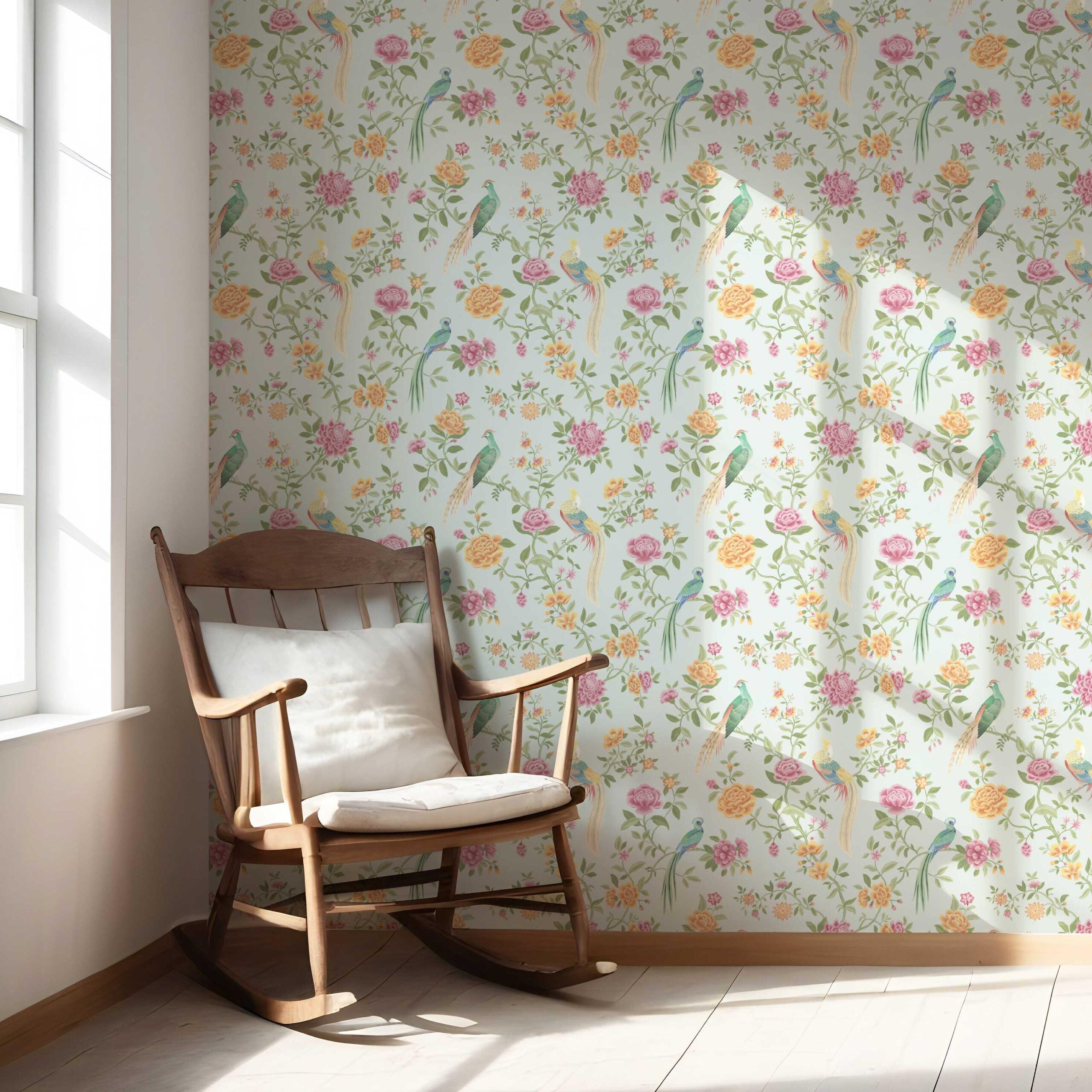 Floral Chinoiserie/ Nature Bird Print Nursery Wallpaper (Duck Egg Blue/ Pink/ Green/ Yellow)