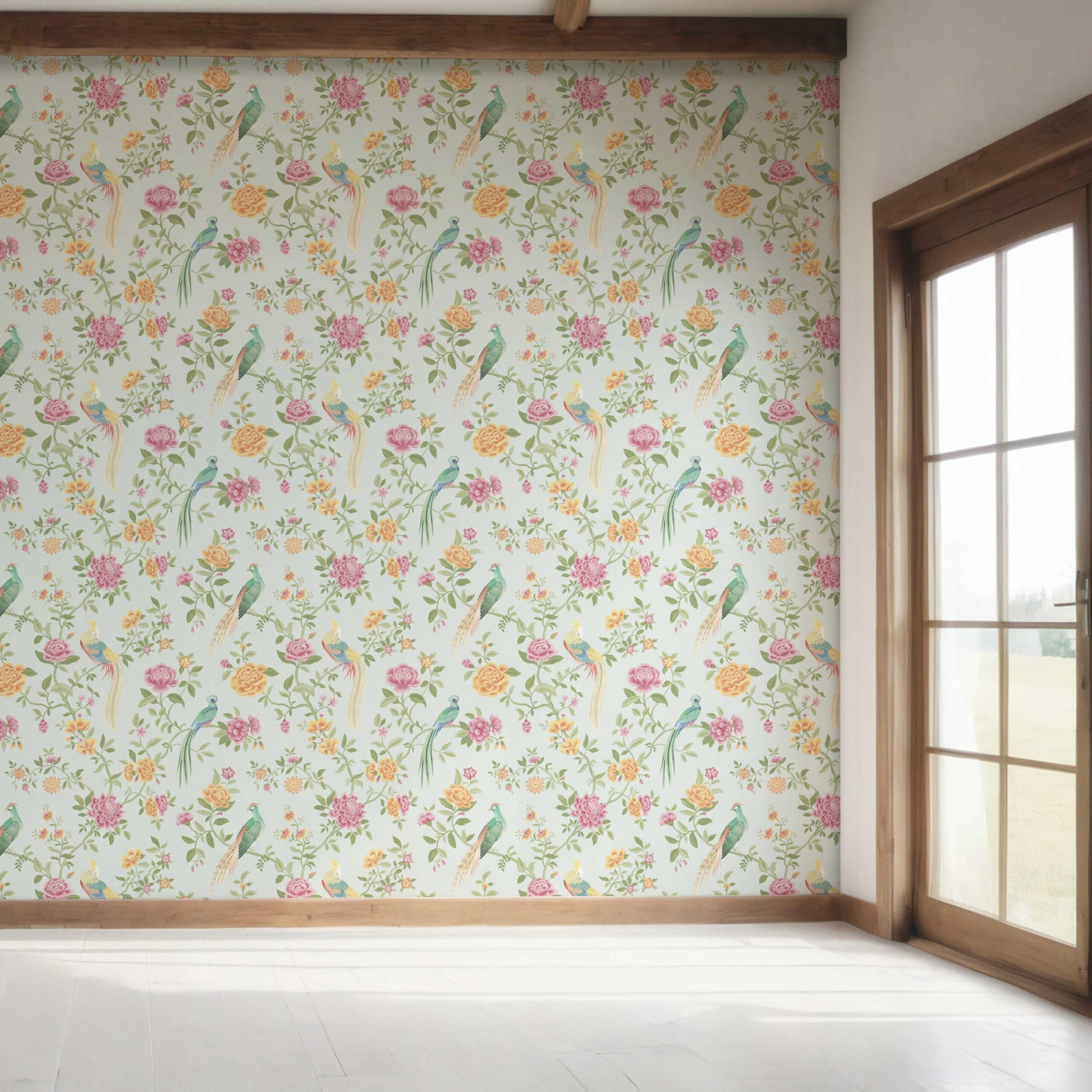 Floral Chinoiserie/ Nature Bird Print Bedroom Wallpaper Sample (Duck Egg Blue/ Pink/ Green/ Yellow)