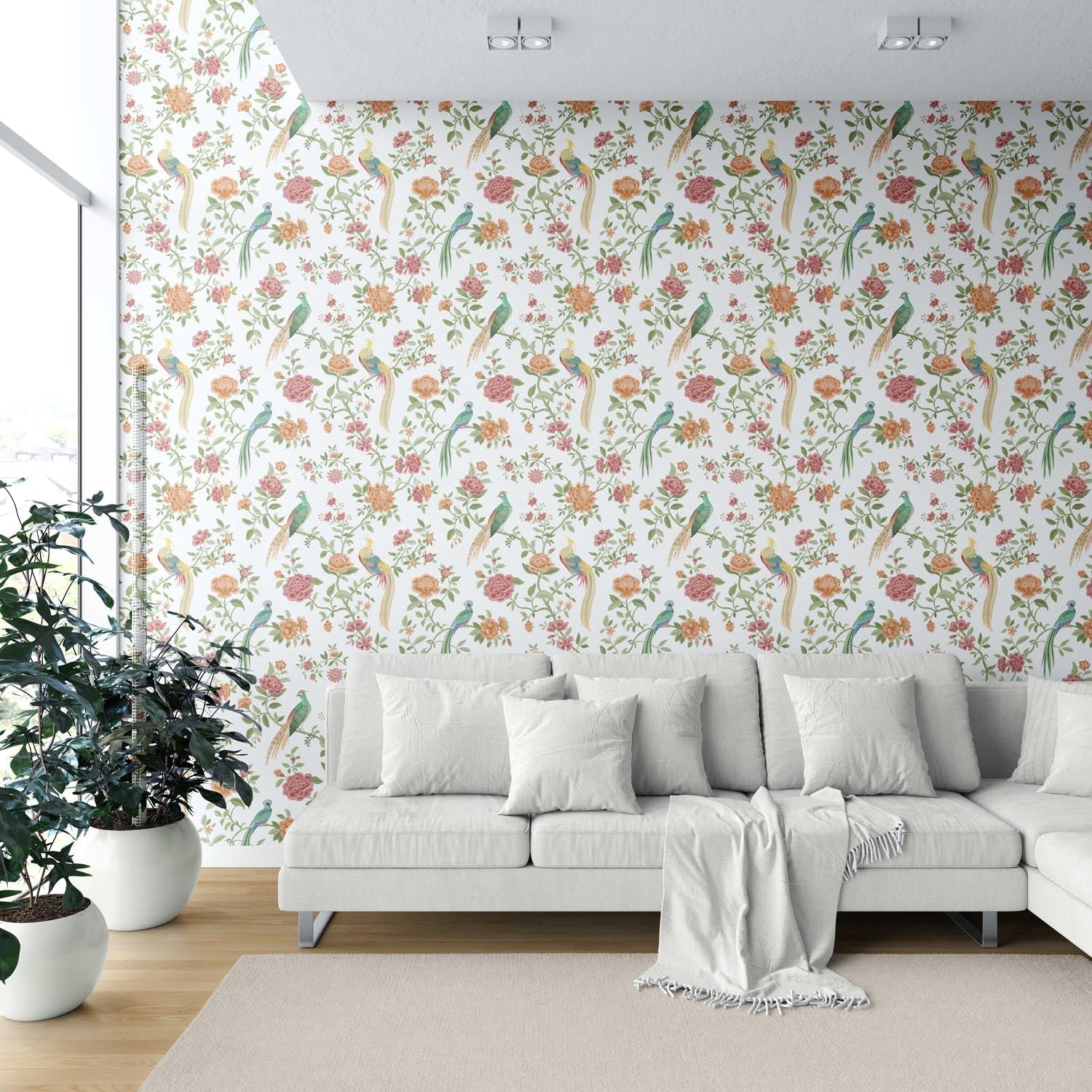 Floral Chinoiserie/ Nature Bird Print Shower Toilet Wallpaper Sample (Orange/ Pink/ Blue/ Green/ Yellow)