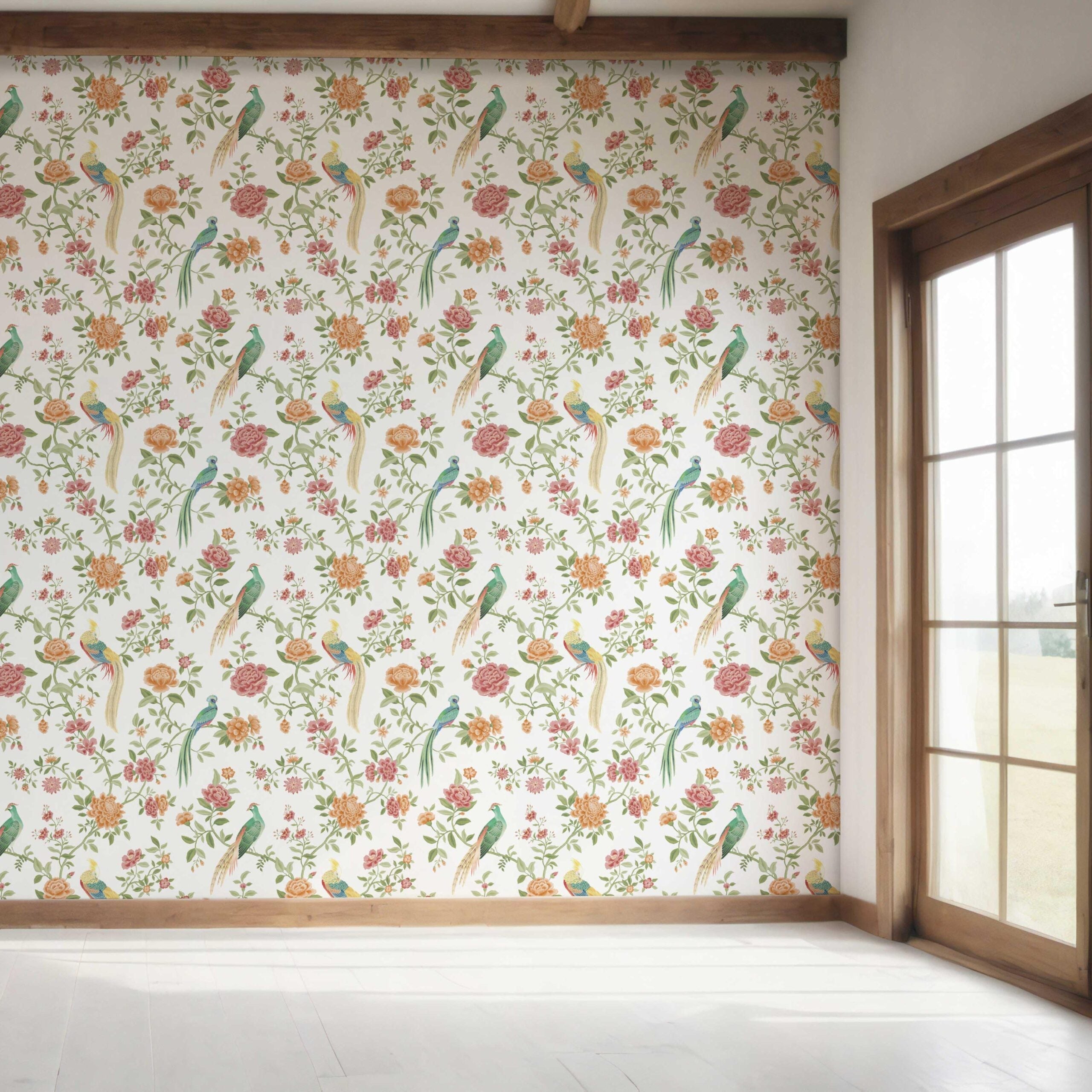 Floral Chinoiserie/ Nature Bird Print Bedroom Wallpaper (Orange/ Pink/ Blue/ Green/ Yellow)