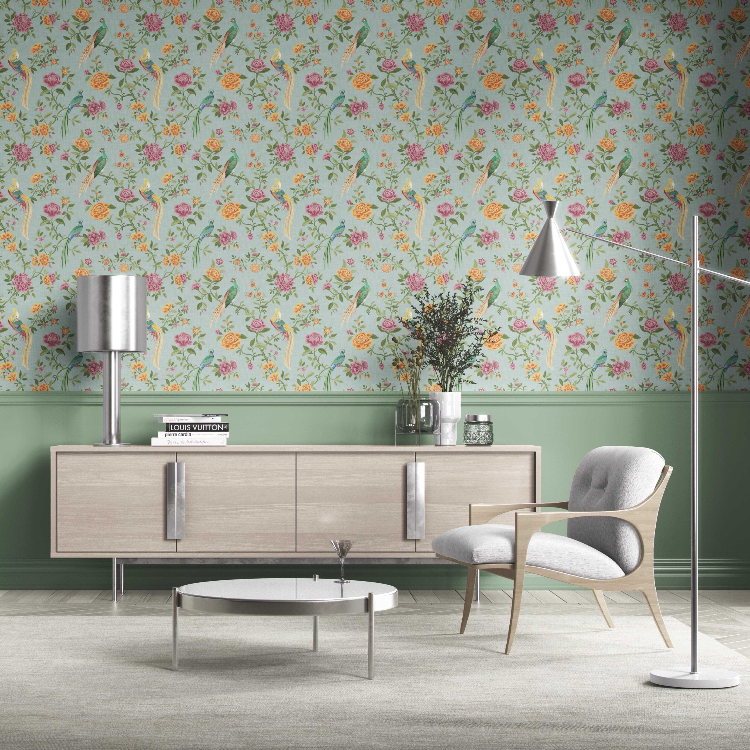 Floral Chinoiserie/ Nature Bird Print Kitchen Wallpaper (Blue/ Pink/ Green/ Yellow/ Orange)